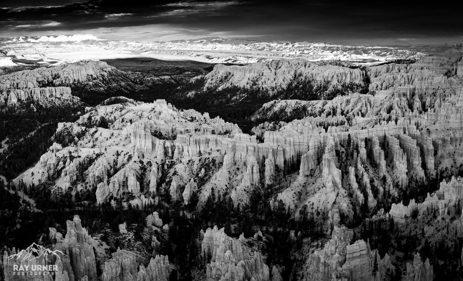 Black and white photograph of the rugged landscape of the boulder fields and canyon valleys of Bryce Canyon National Park in Utah, showing layered rock formations and sparse trees.