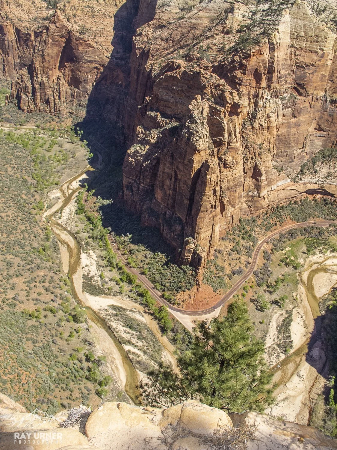 Bird's eye view of a canyon with a winding river, steep red rock walls, and a dirt road at the bottom.