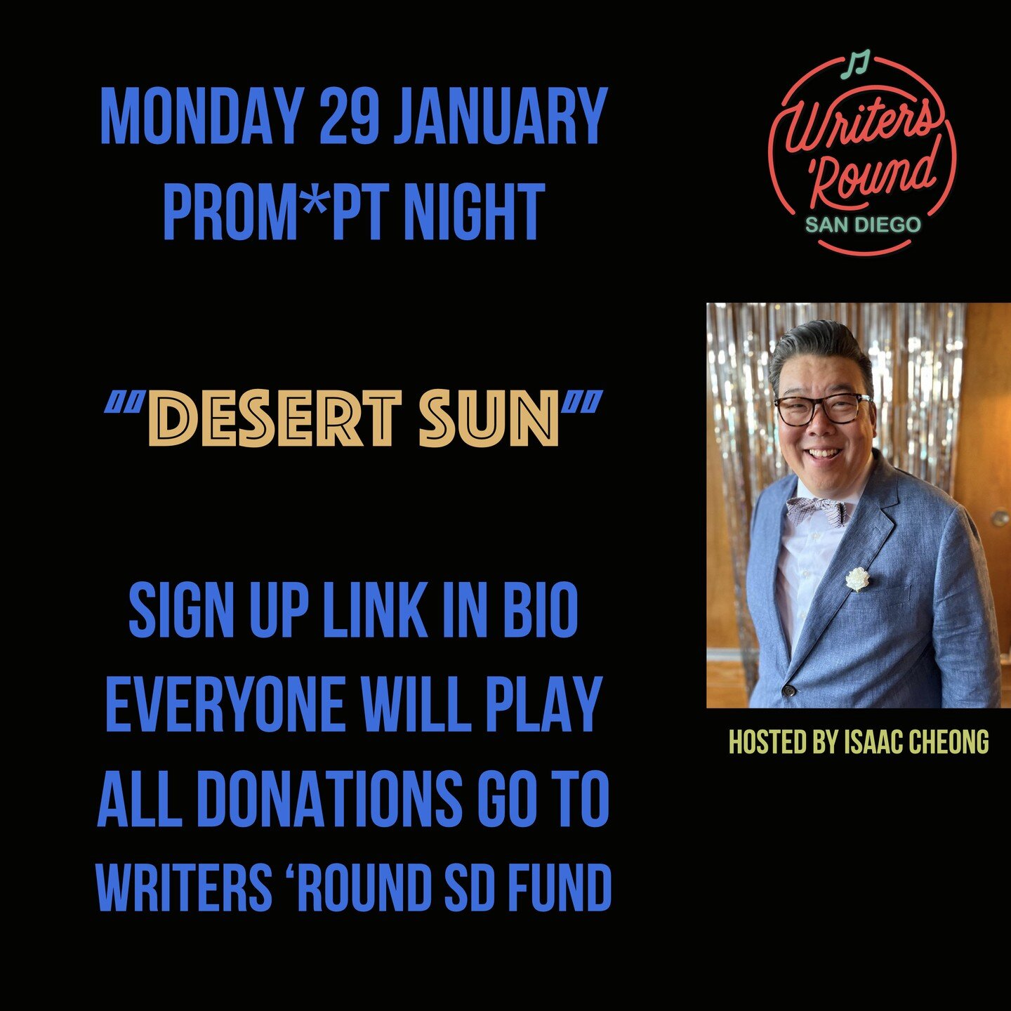 Mon. 29 January is our monthly PROM*PT NIGHT! Hosted by the illustrious @sheblondeswede! 

The prompt for this month is &quot;Desert Sun&quot;, and everyone who sign up with a prompt song will get a chance to play! Sign ups are in the link in our bio