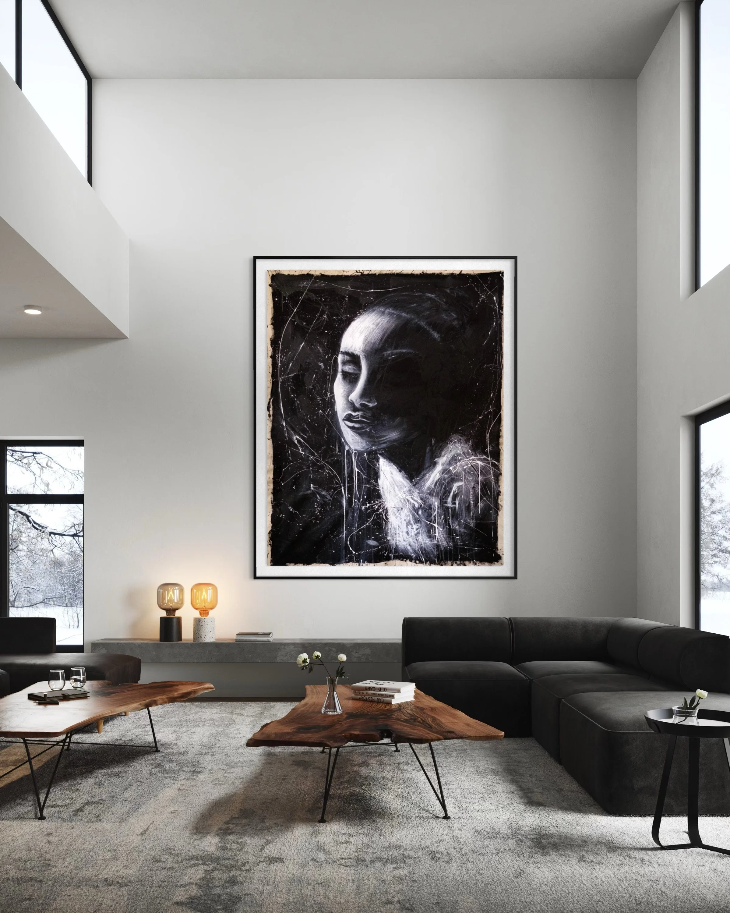 Modern living room with abstract artwork of a woman's face on the wall, black sofa, wooden tables, and large windows with a snowy landscape outside.