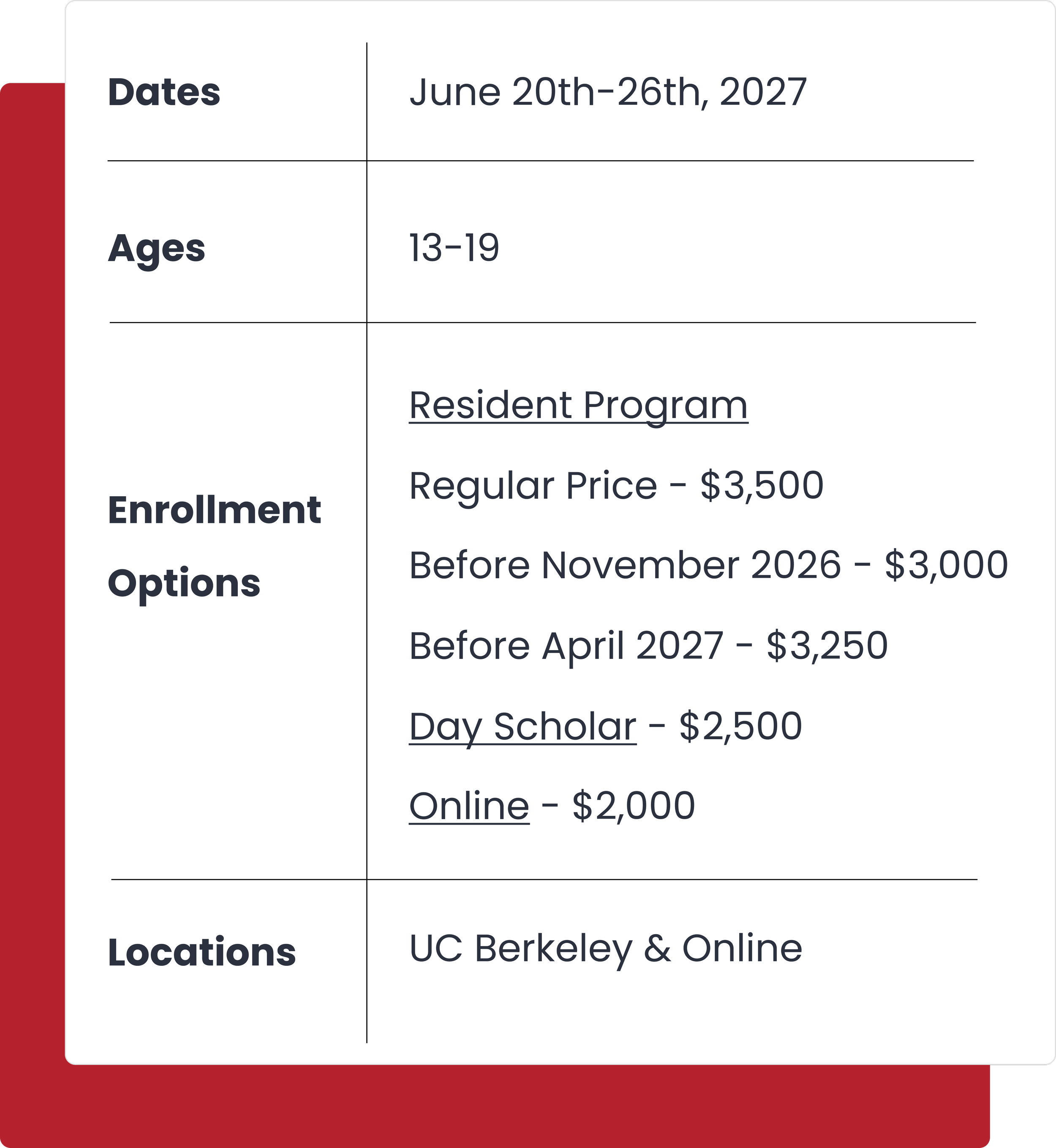 Schedule with dates June 20th-26th, 2027, ages 13-19, and program options including resident, day scholar, and online, with prices and locations listed.