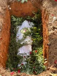 Top down view of a body in a open face shroud burial
