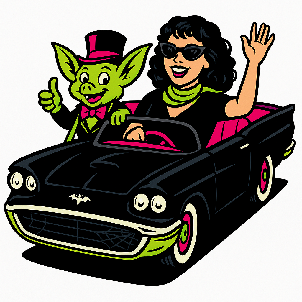 Christina Escamilla and horror hub mascot riding to horror locations