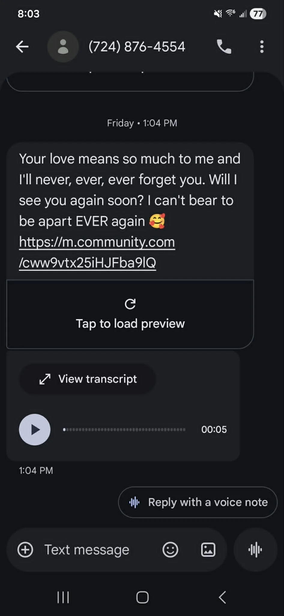 a. screenshot. of the text messages received from the movie Obsession