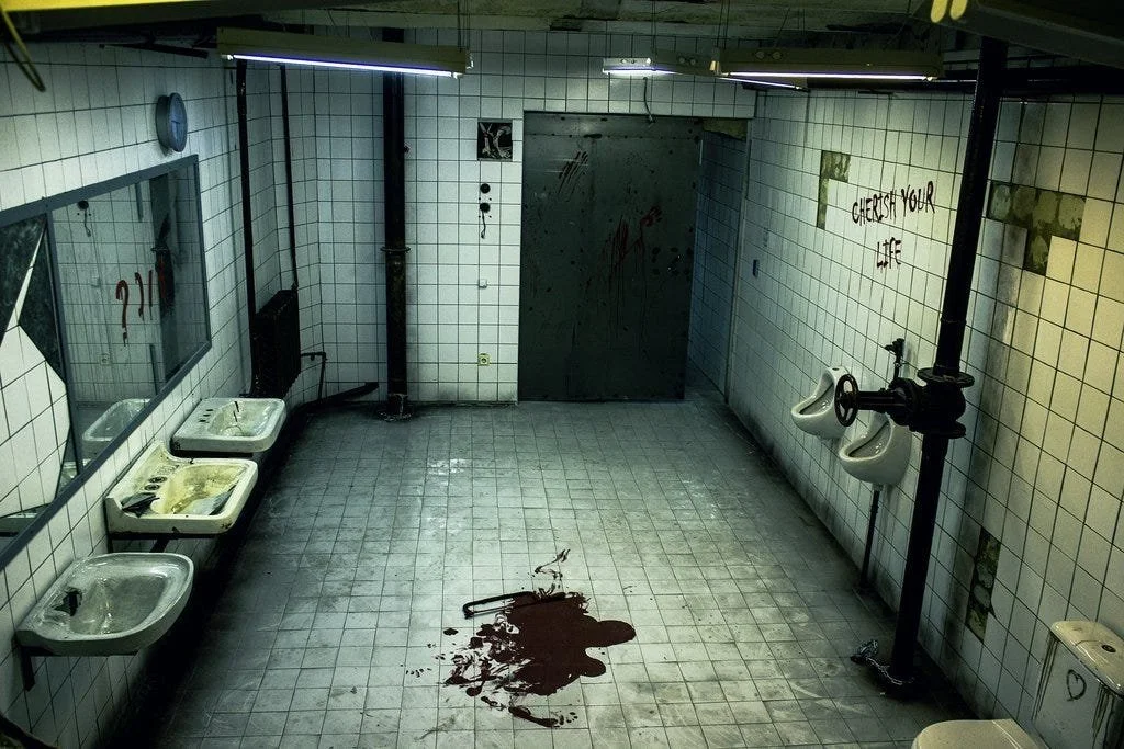 A Saw-style escape room features dim lighting, metal traps, and confined space, suggesting a high-stakes survival scenario.