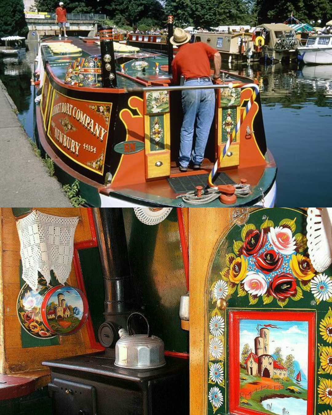 a collage of images showing painted canal boats with the bright, colourfulrose motif