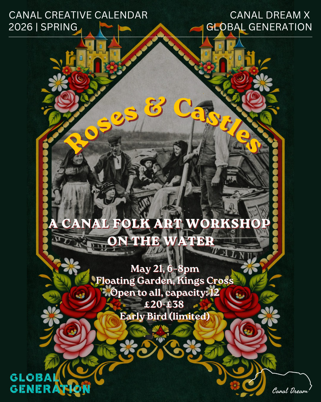 Roses & Castles Canal Folk Art Workshop on the Water, decorative roses surround the text
