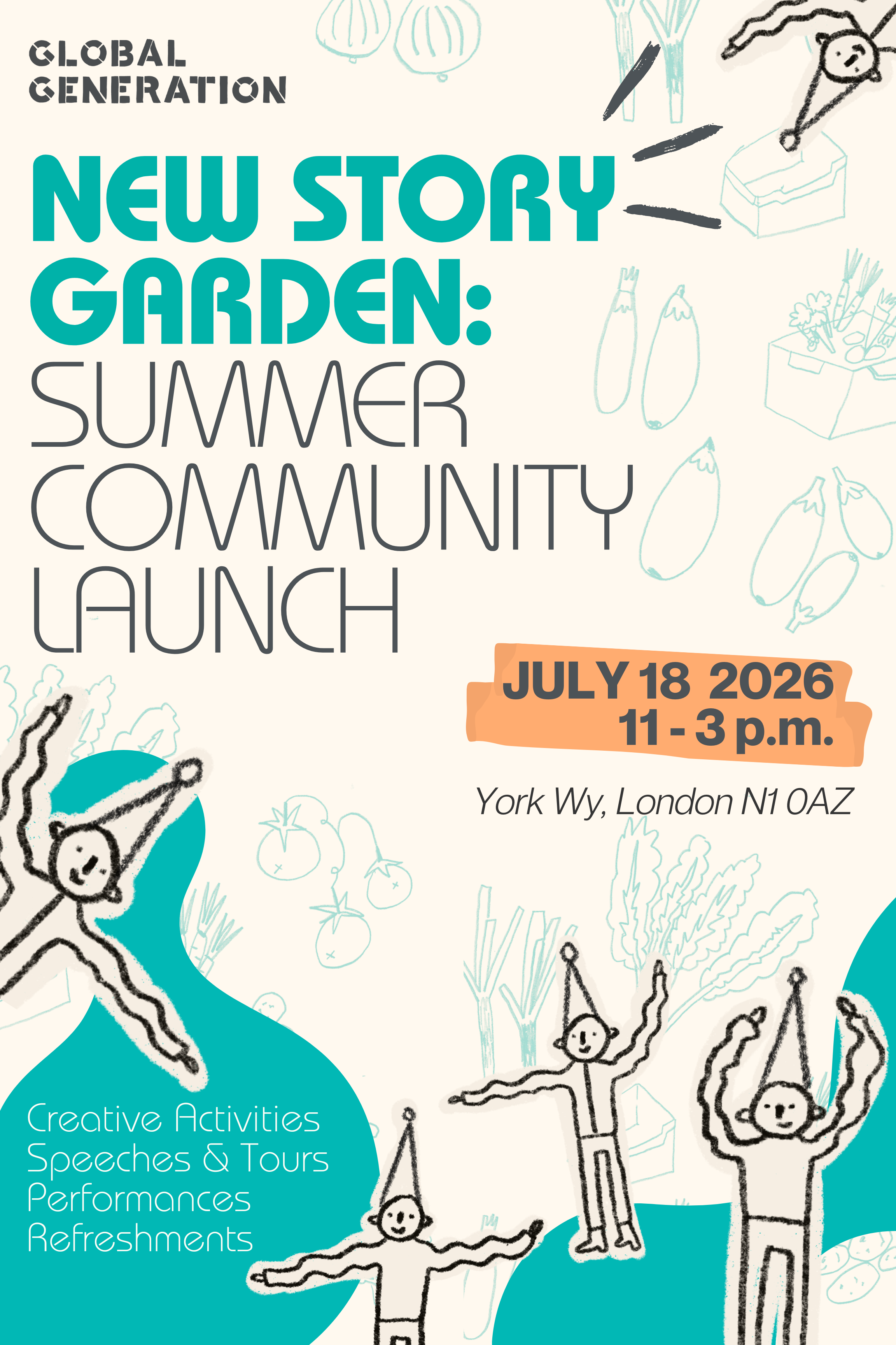An illustrated poster of people celebrating. The title reads New Story Garden Summer Community Launch