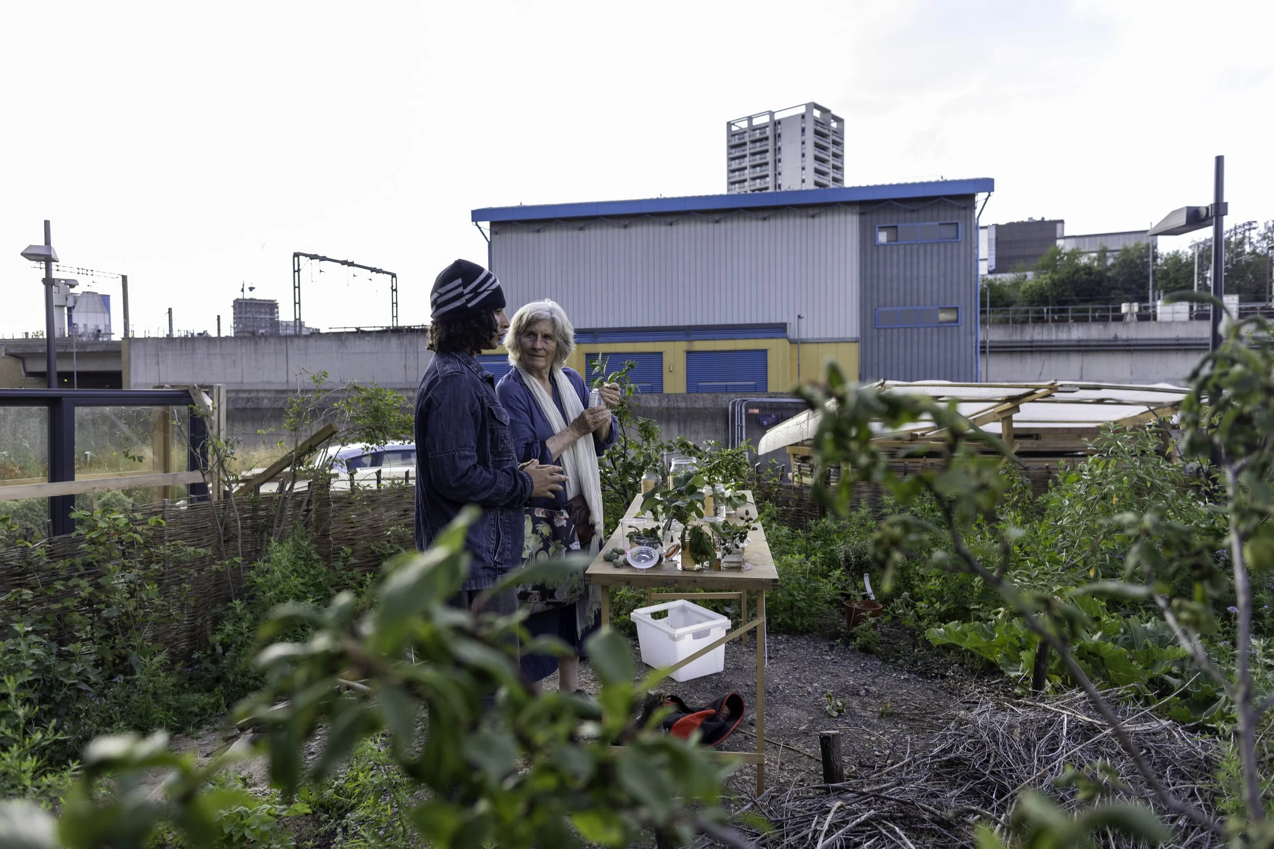 two people stand in front of a table holding up and discussing plant specimens in a garden