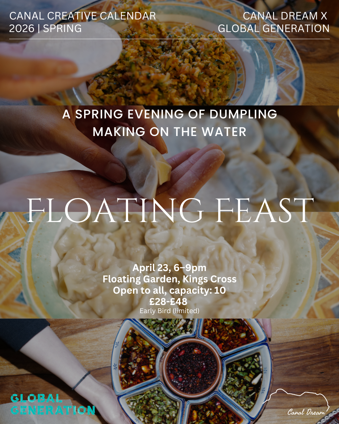 Floating Feast, the flyer shows dumplings and various sides. April 23 6-9 p.m. open to all capacity 10, £28-£48