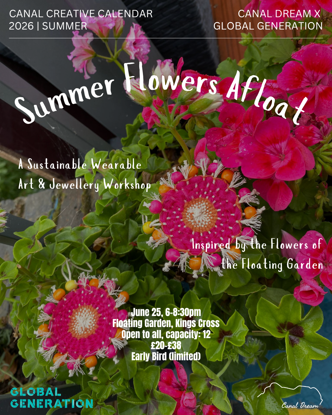 Flyer for the workshop showing woven jewellry and plants . Price £20 - £38
