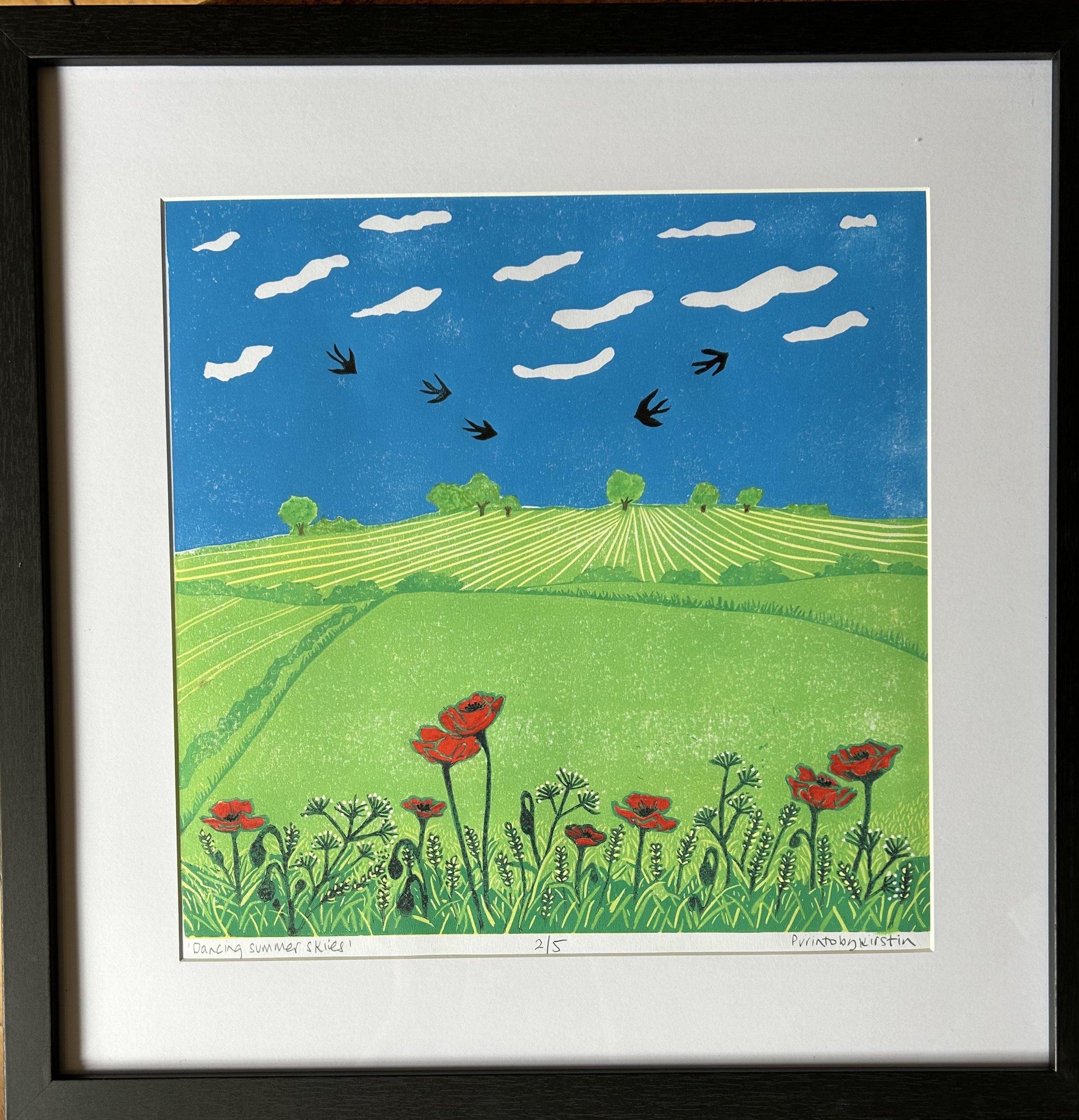 Wildflowers and poppies in a english summer field with swifts - original art