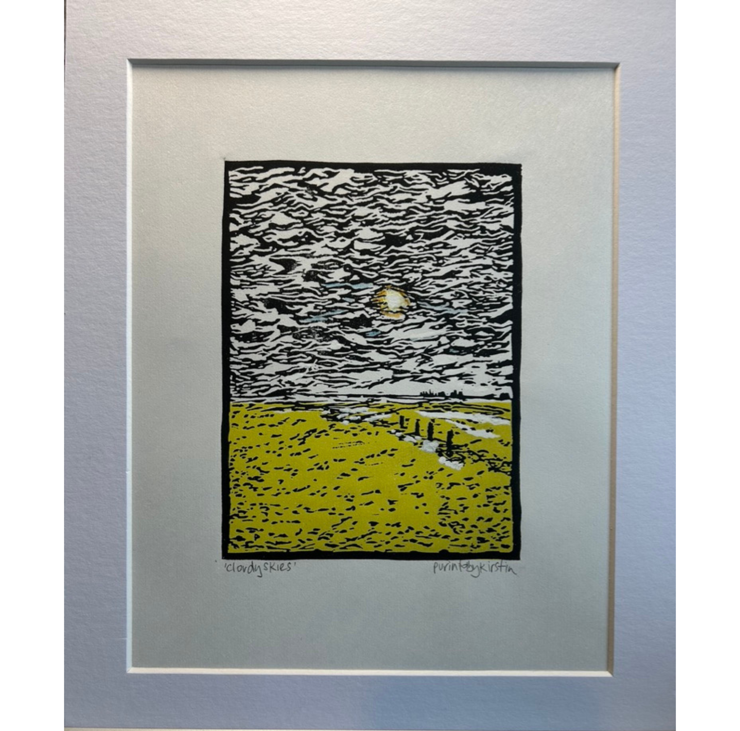 Cloudy skies, an original linocut