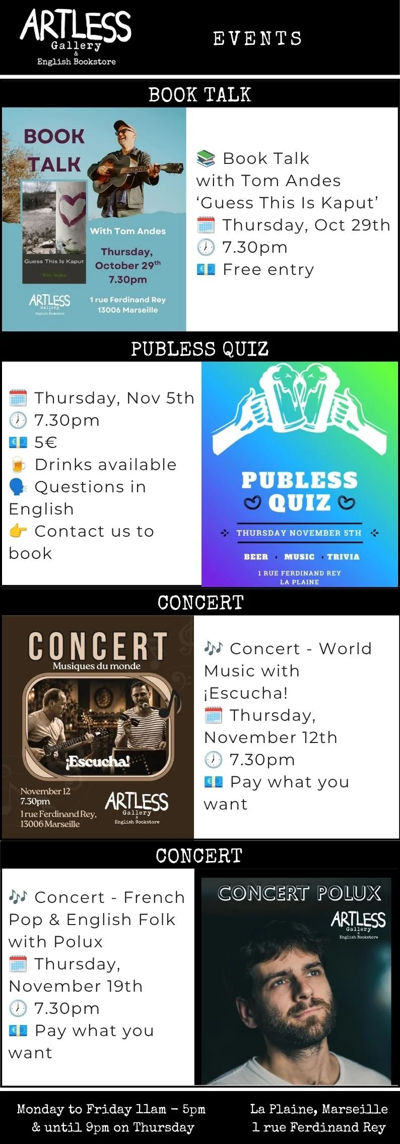 Artless Gallery & English Bookstore events featuring a book talks, Publess Quiz, concerts and more