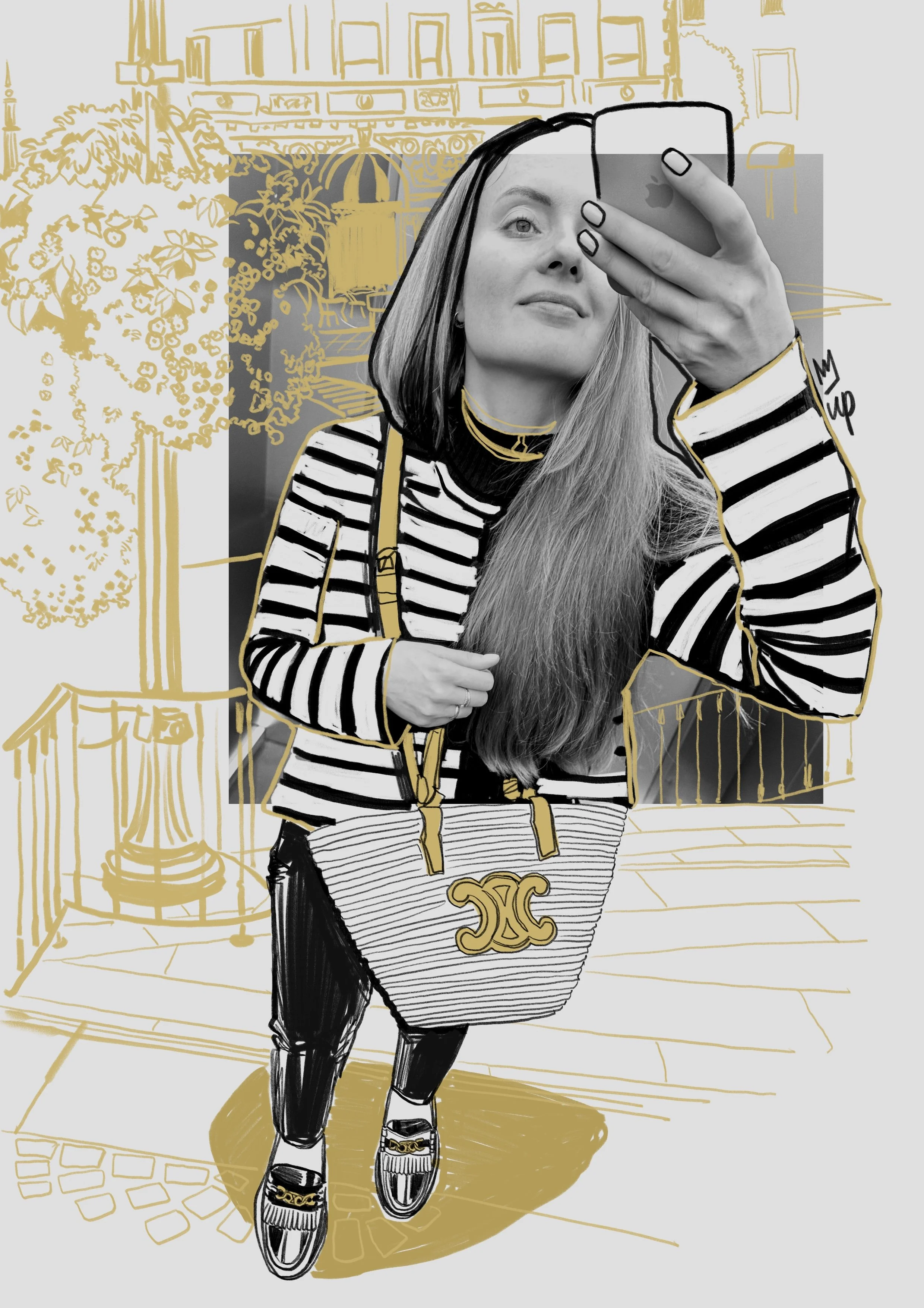 Artistic portrait of a woman taking a selfie, wearing a striped outfit with a shoulder bag, drawn in a sketchy style with gold accents. Photo collage with hand-drawn sketch for  brand visuals.