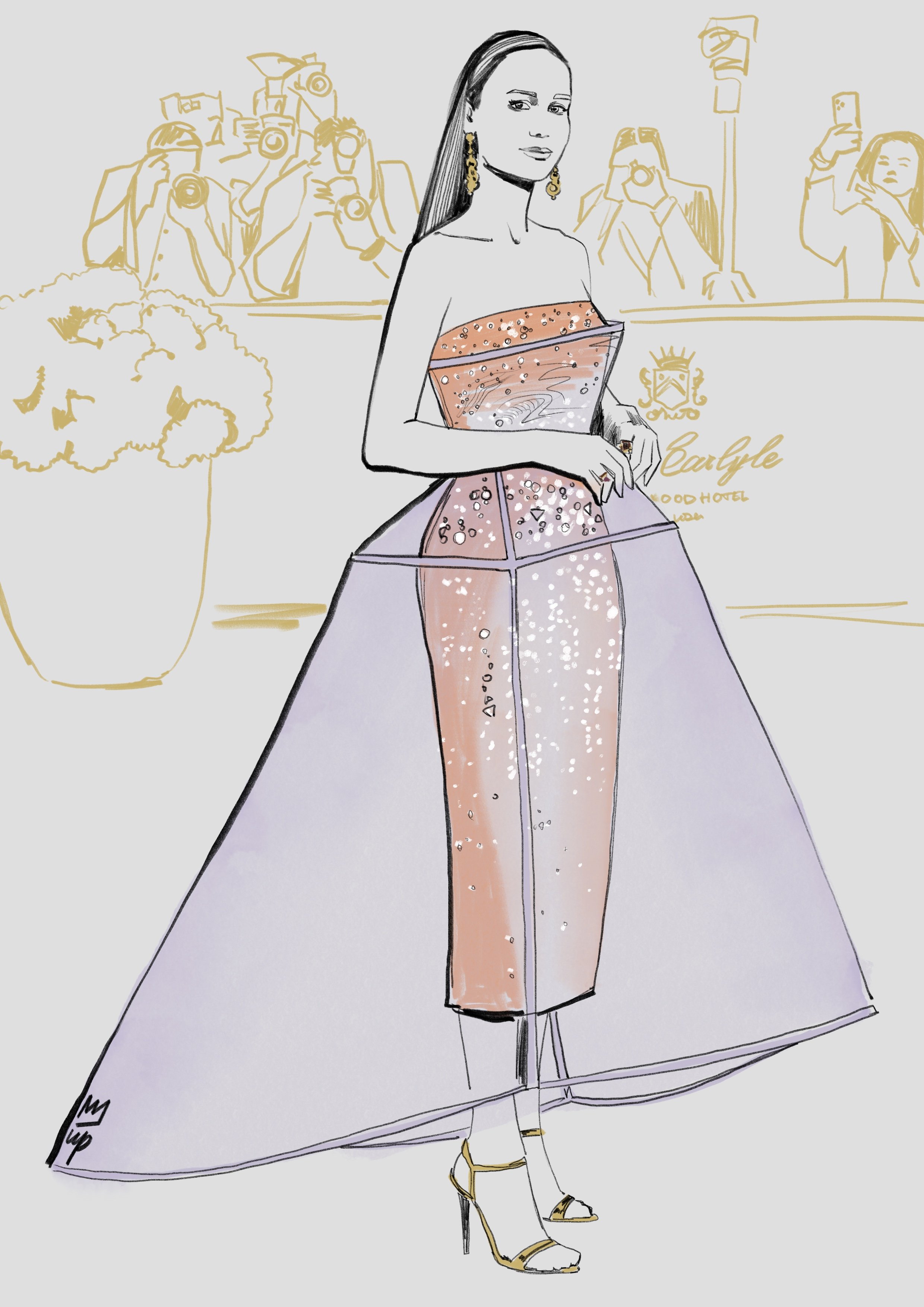 Illustration of a fashionably dressed woman posing on a red carpet with photographers in the background. She wears a strapless, embellished gown with a sheer overlay and high heels. Hand-drawn fashion sketch for  brand visuals.