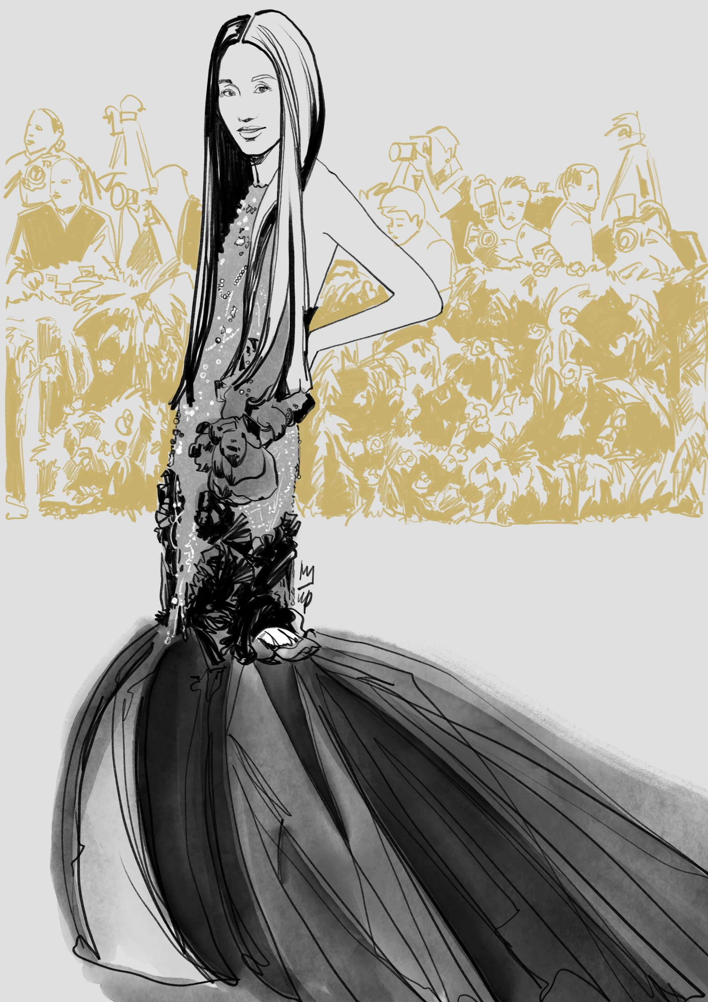 Black and white fashion  illustration of a woman in an elegant gown, with long hair, posing in front of a crowd of photographers at an event.
