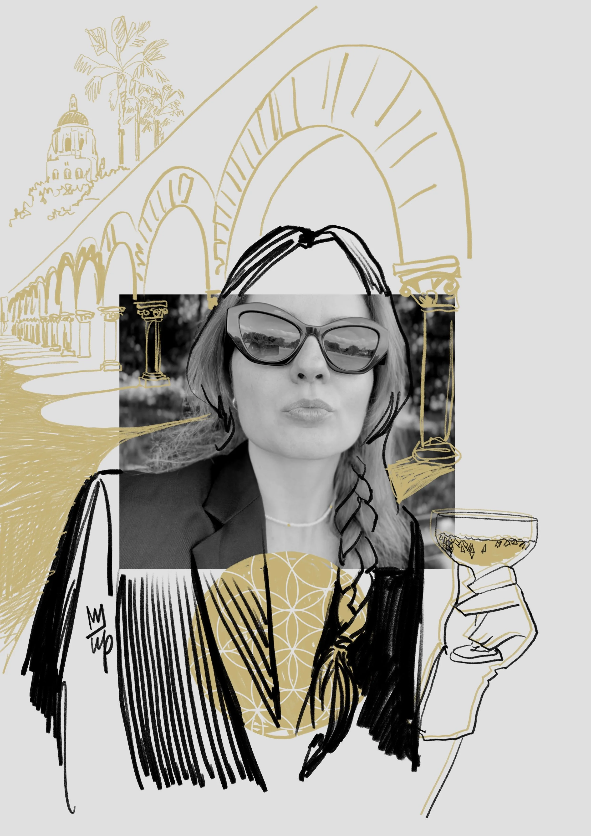 Black and white photo of a person with sunglasses, overlaid with hand-drawn architectural sketches, including arches and a dome, alongside an illustration of a hand holding a drink. Fashion illustration by artist.