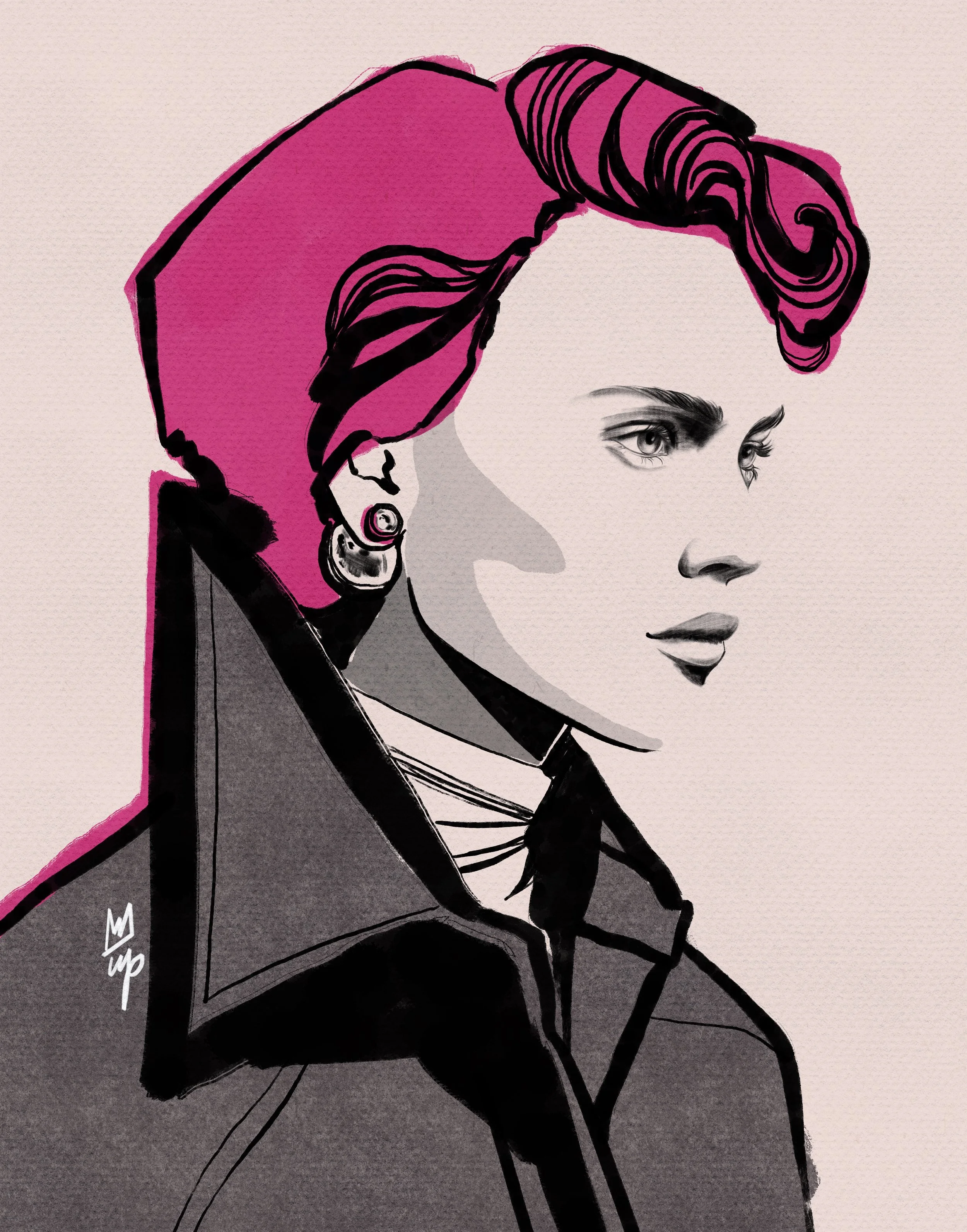 Stylized illustration of a person with pink hair, wearing a high-collared coat and earrings. Commissioned illustration.