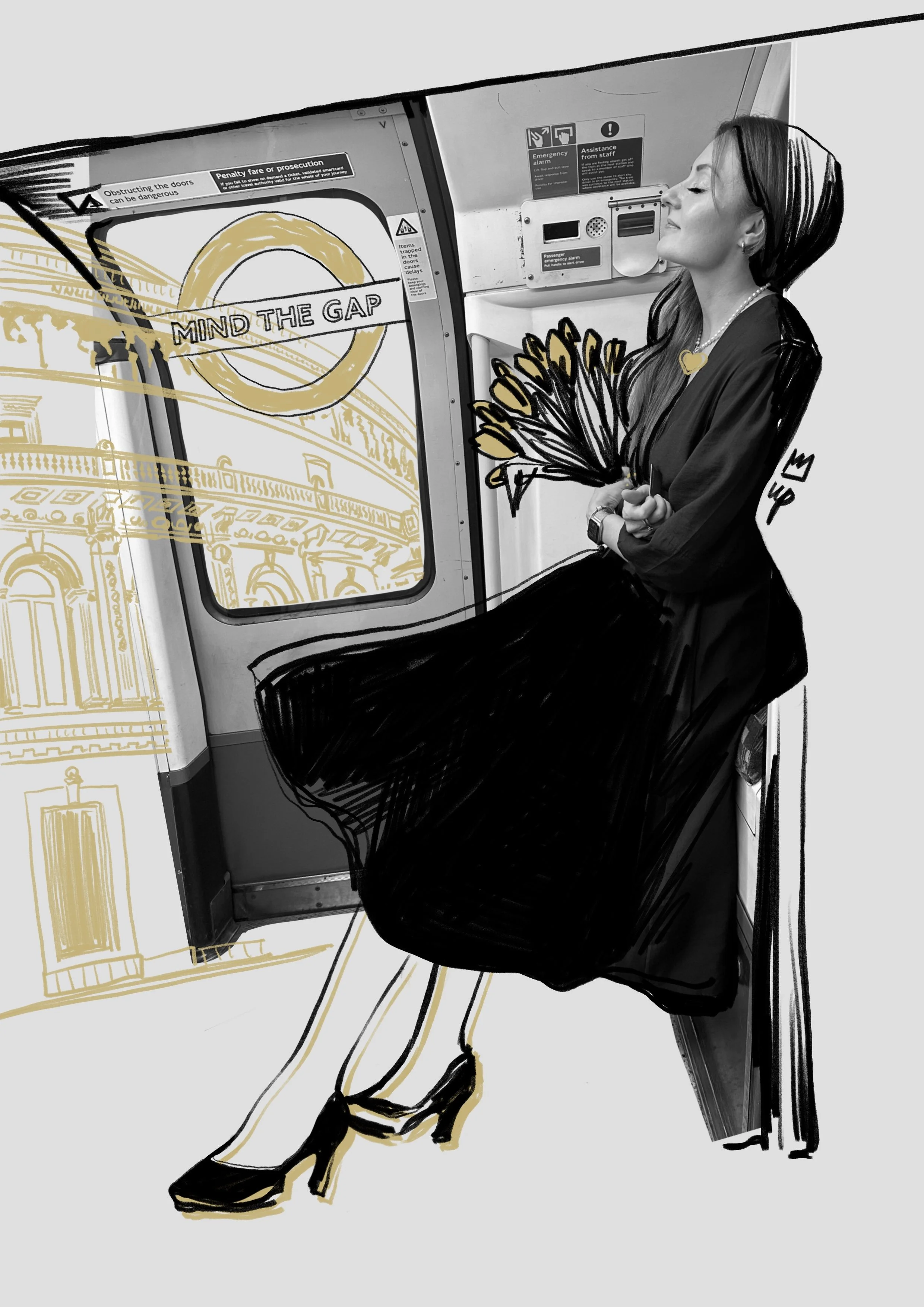 Illustration of a woman in a black dress holding yellow flowers, leaning against a train door with "Mind the Gap" signage. Background includes architectural sketches. Fashion illustration for lookbook / fashion editorial / product launch.