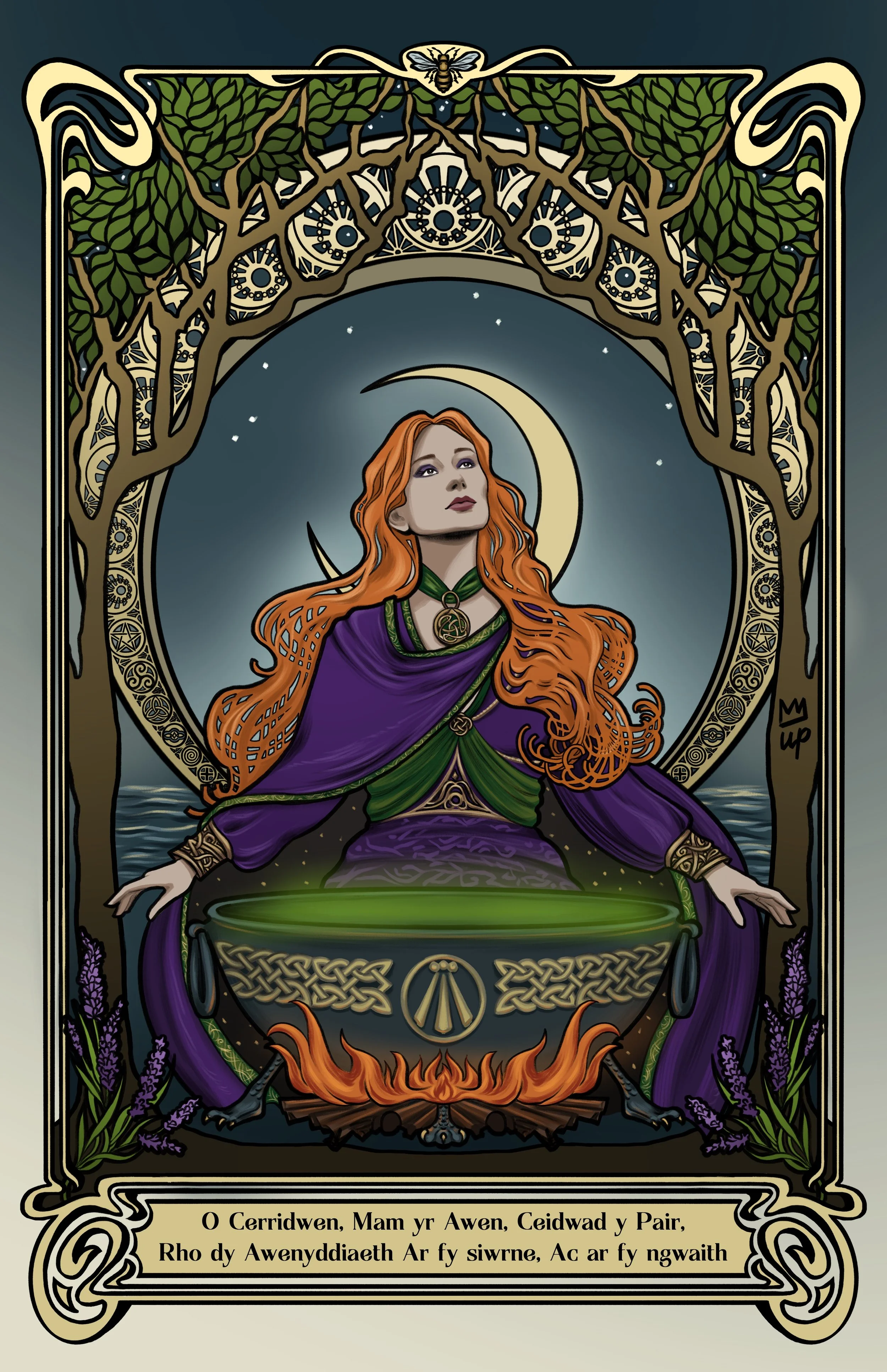 Art Nouveau illustration of a mystical woman with red hair, dressed in purple and green robes, seated inside a decorative frame with intricate trees and floral patterns. The woman is positioned in front of a crescent moon and a bubbling cauldron. Bel