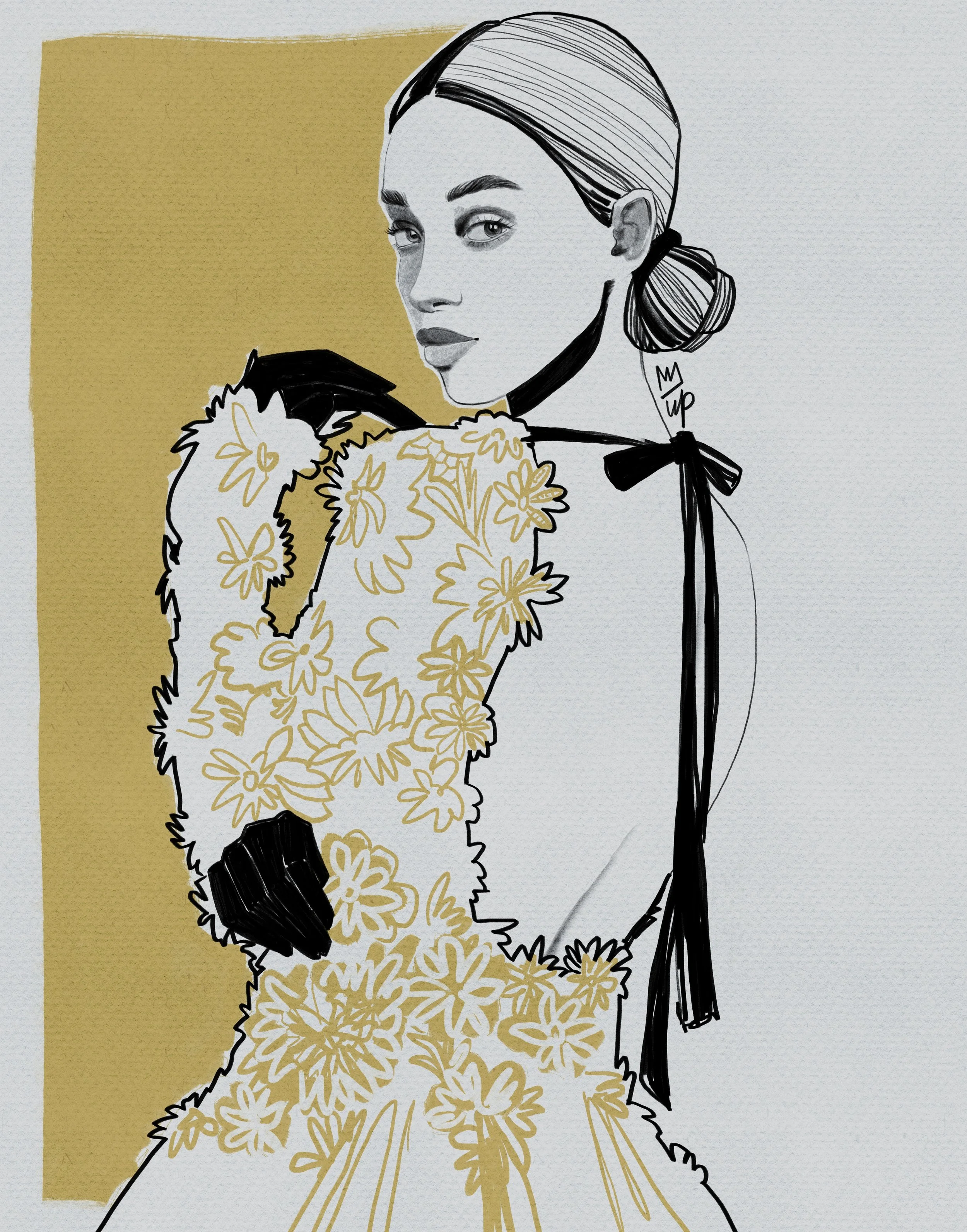 Illustration of a woman in a floral dress with a gold background. Conceptual fashion art for illustrative campaign.