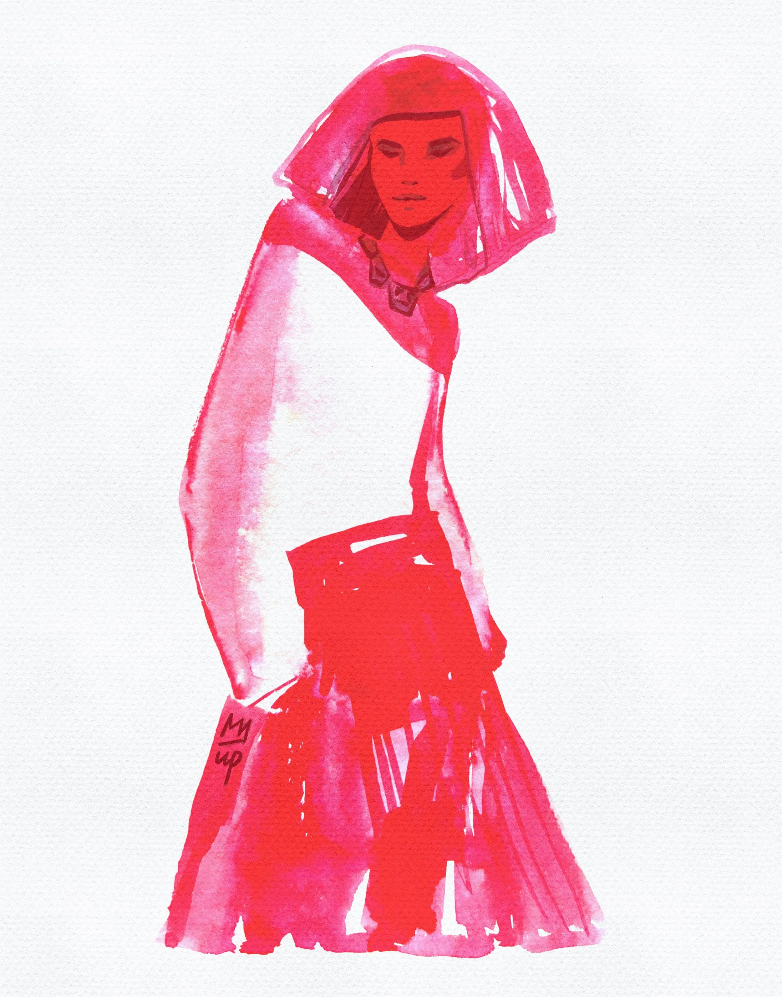 Watercolor illustration of a person wearing a red hooded garment with an abstract shape. The image is stylized and minimalist, with emphasis on red tones. Hand-drawn fashion illustration for editorial or branding use.