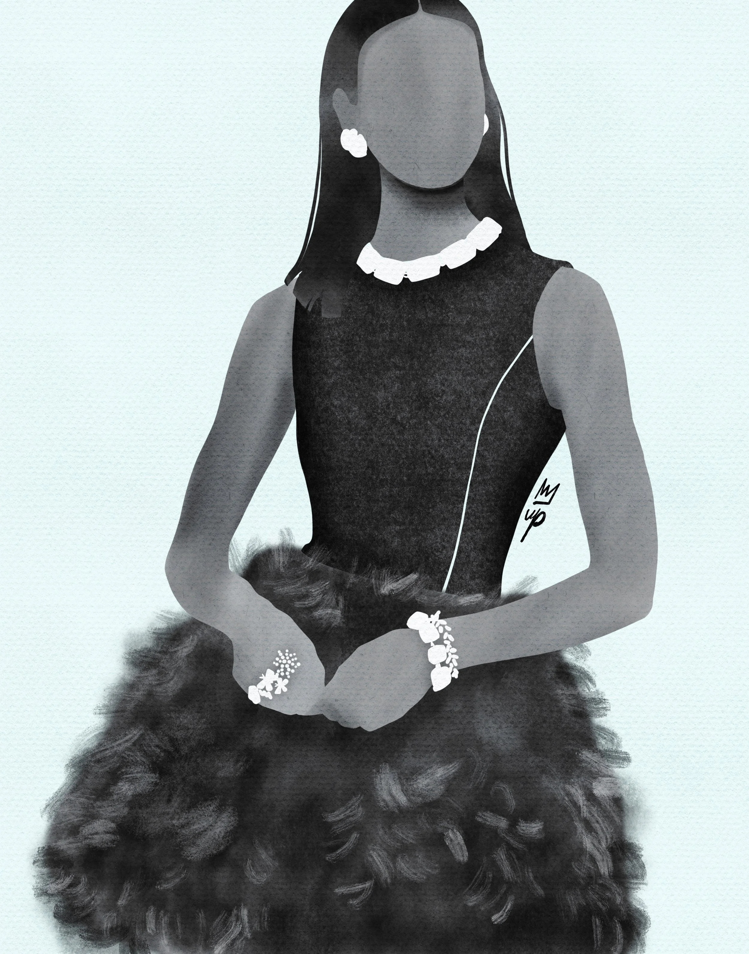 Stylized illustration of a faceless woman wearing an elegant black dress with floral details, standing against a light background. She accessorizes with white flower-shaped jewelry including earrings, a bracelet, and a necklace.