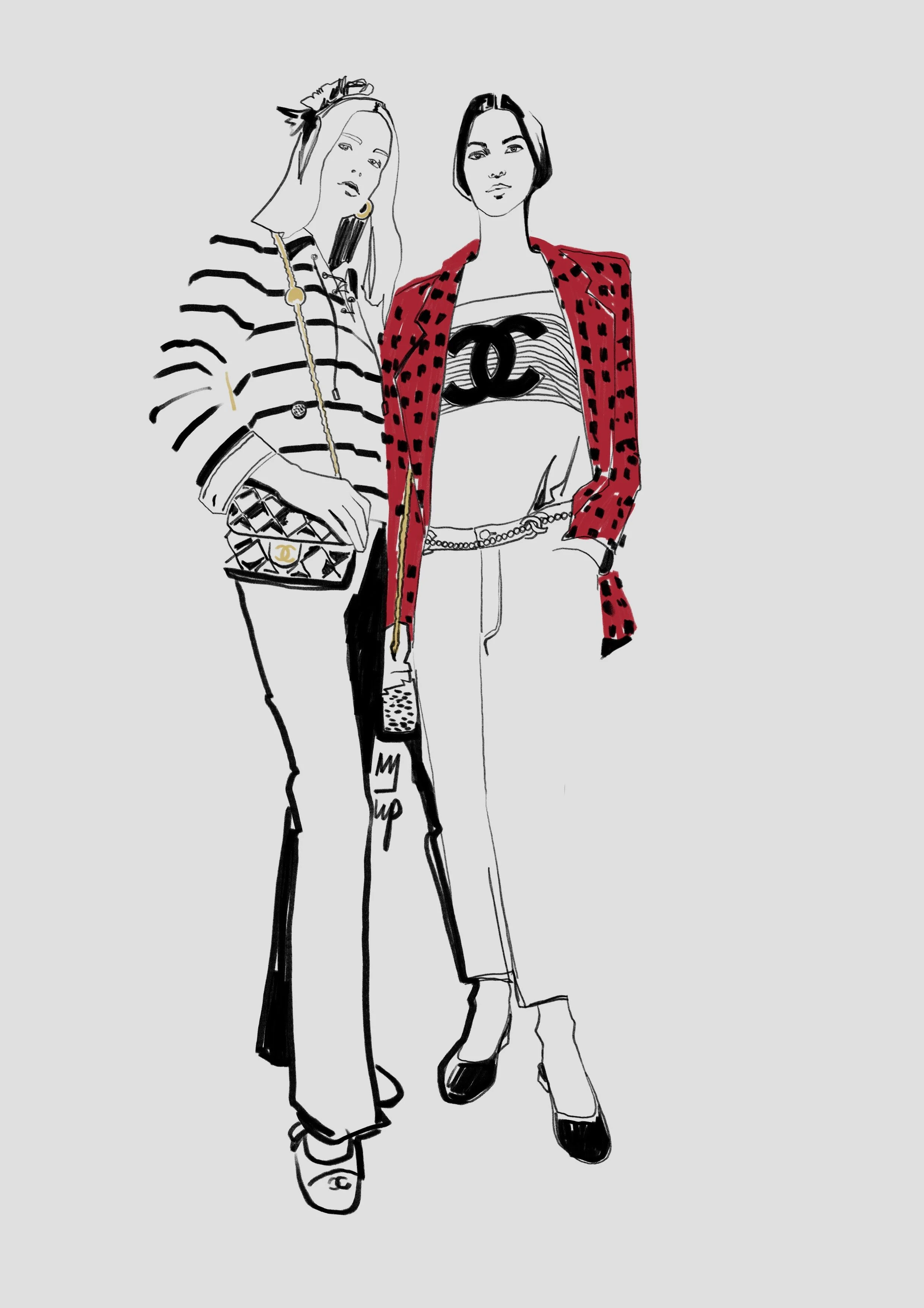 Fashion illustration of two stylish women in designer outfits, one wearing a striped shirt and the other with a red polka dot jacket, both with designer handbags.  London-based artist. Hand-drawn fashion sketch.