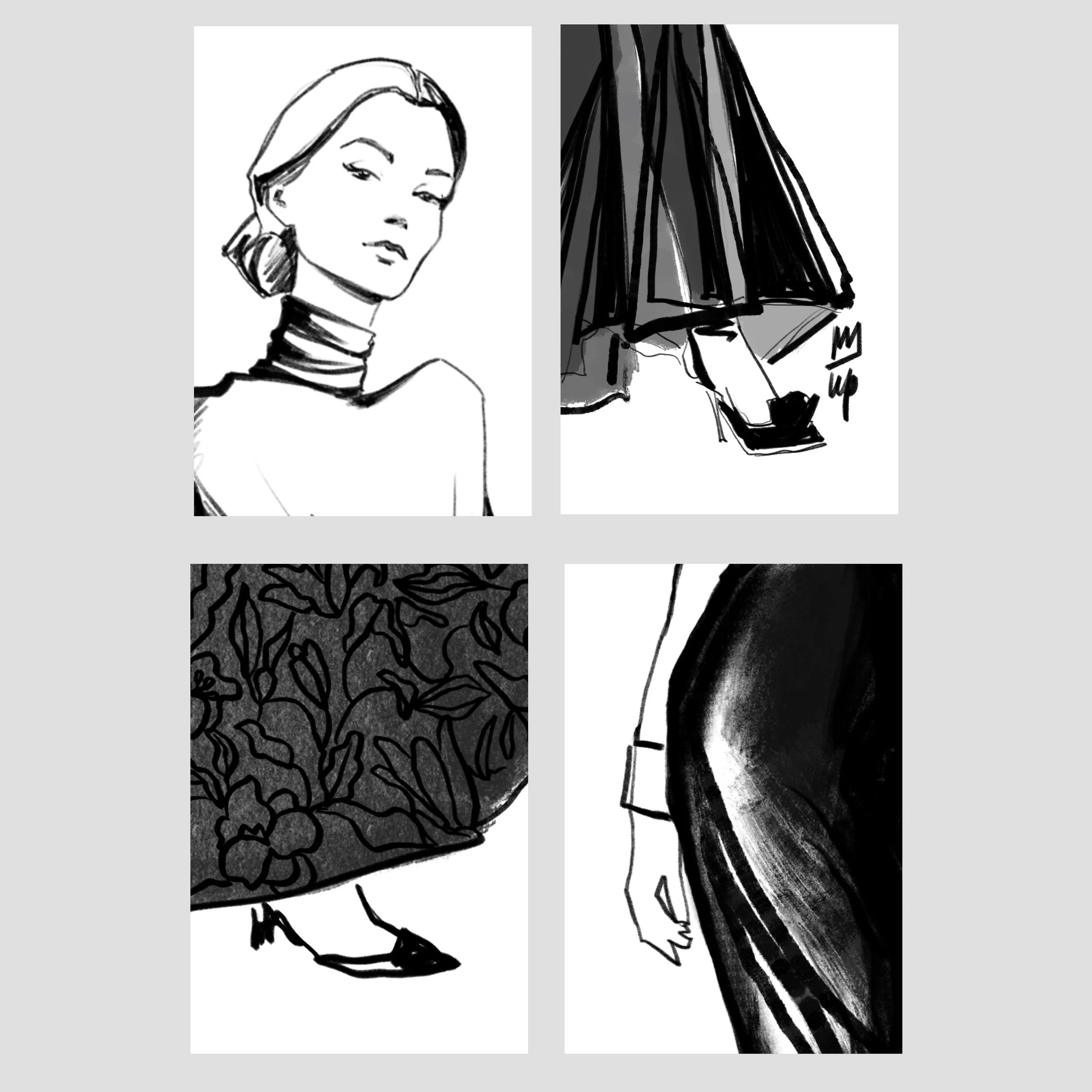 Black and white fashion illustrations showcasing a woman in a turtleneck, various skirts, and high heels in different panels. Hand-drawn fashion illustration for editorial or branding use.