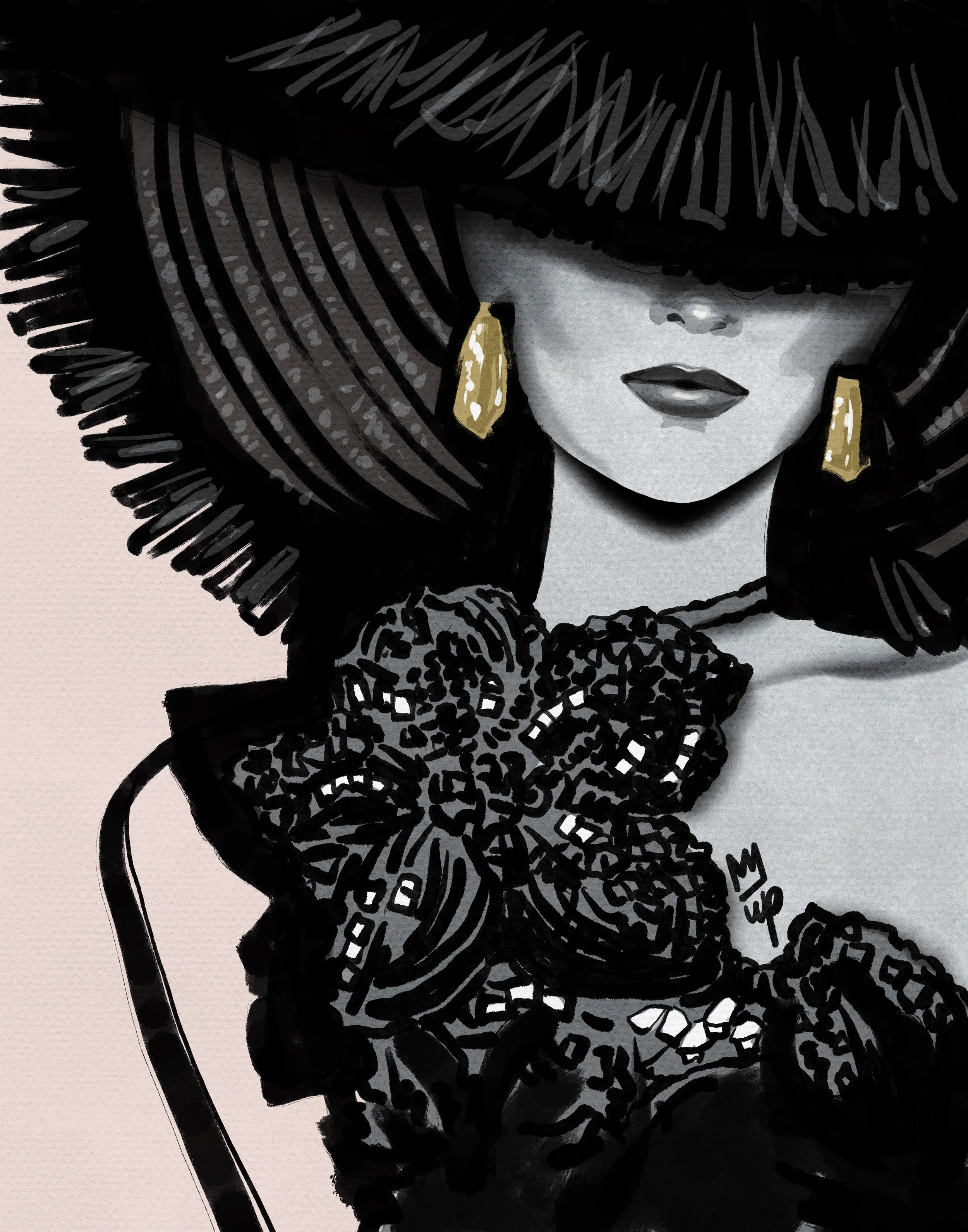Fashion concept illustration of a woman wearing a large brimmed hat and lace outfit, with gold teardrop earrings. Her face is partially obscured by the hat.