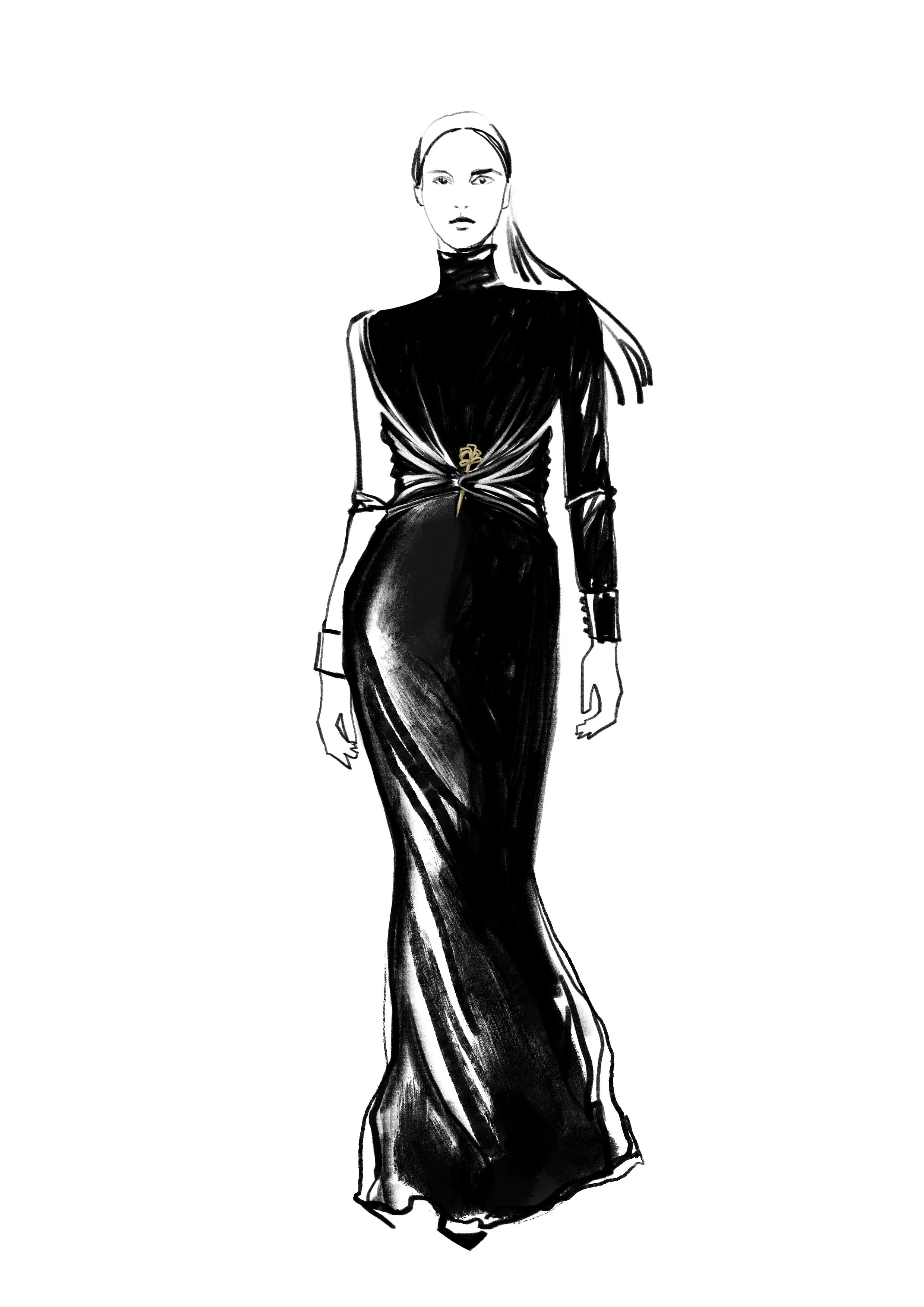 Fashion illustration of a model wearing a long black gown with a high neckline and cinched waist, featuring gold embellishments. Hand-drawn fashion sketch.