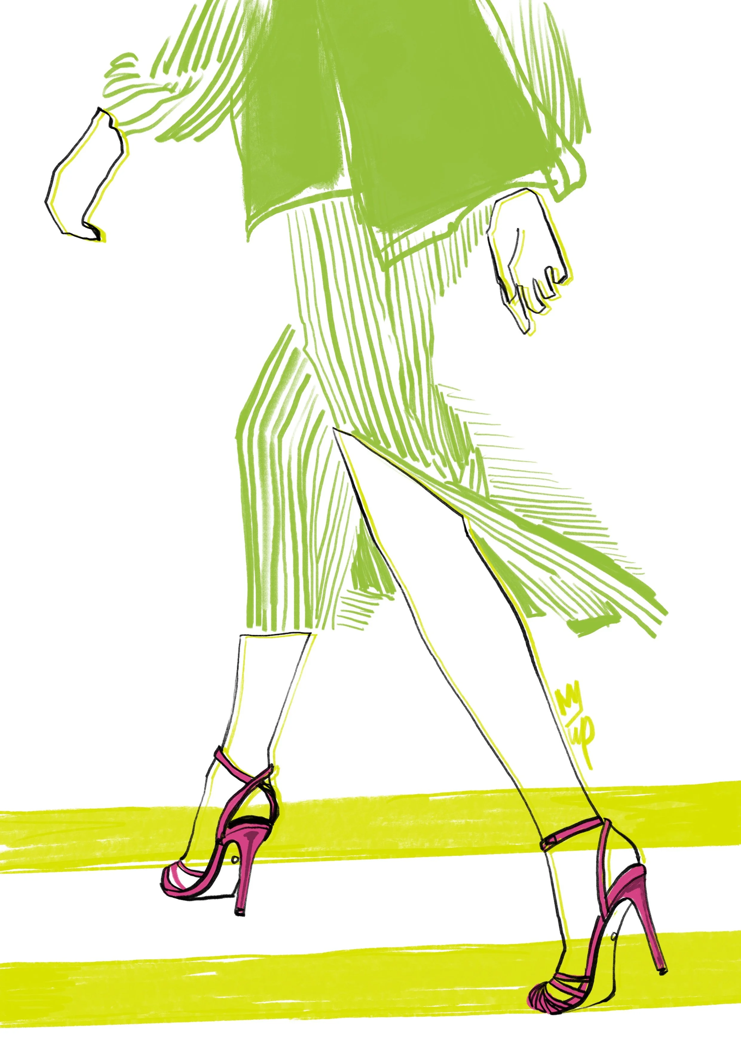 Commissioned Illustration of a fashion model walking in an asymmetric green outfit and pink high heels. Hand-drawn fashion sketch.