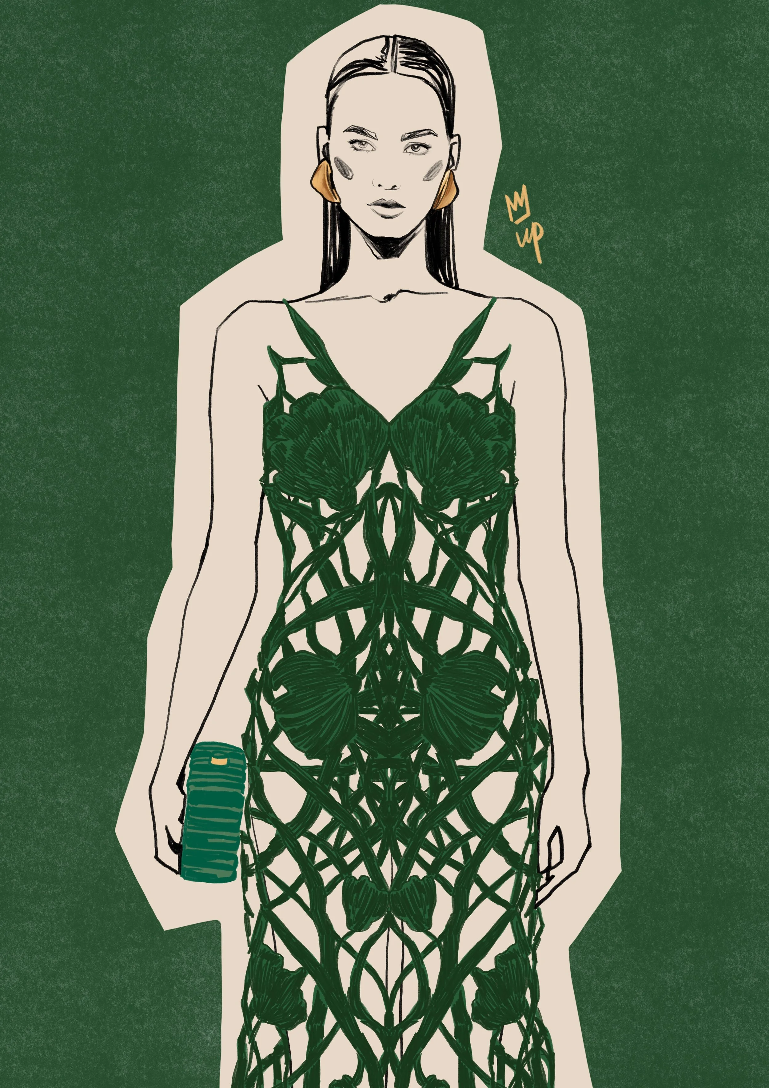 Illustration of a woman wearing an intricate green leaf-patterned dress, holding a matching clutch. The background is dark green with a beige outline around the figure. The style is fashion illustration with minimalistic details. Hand-drawn.