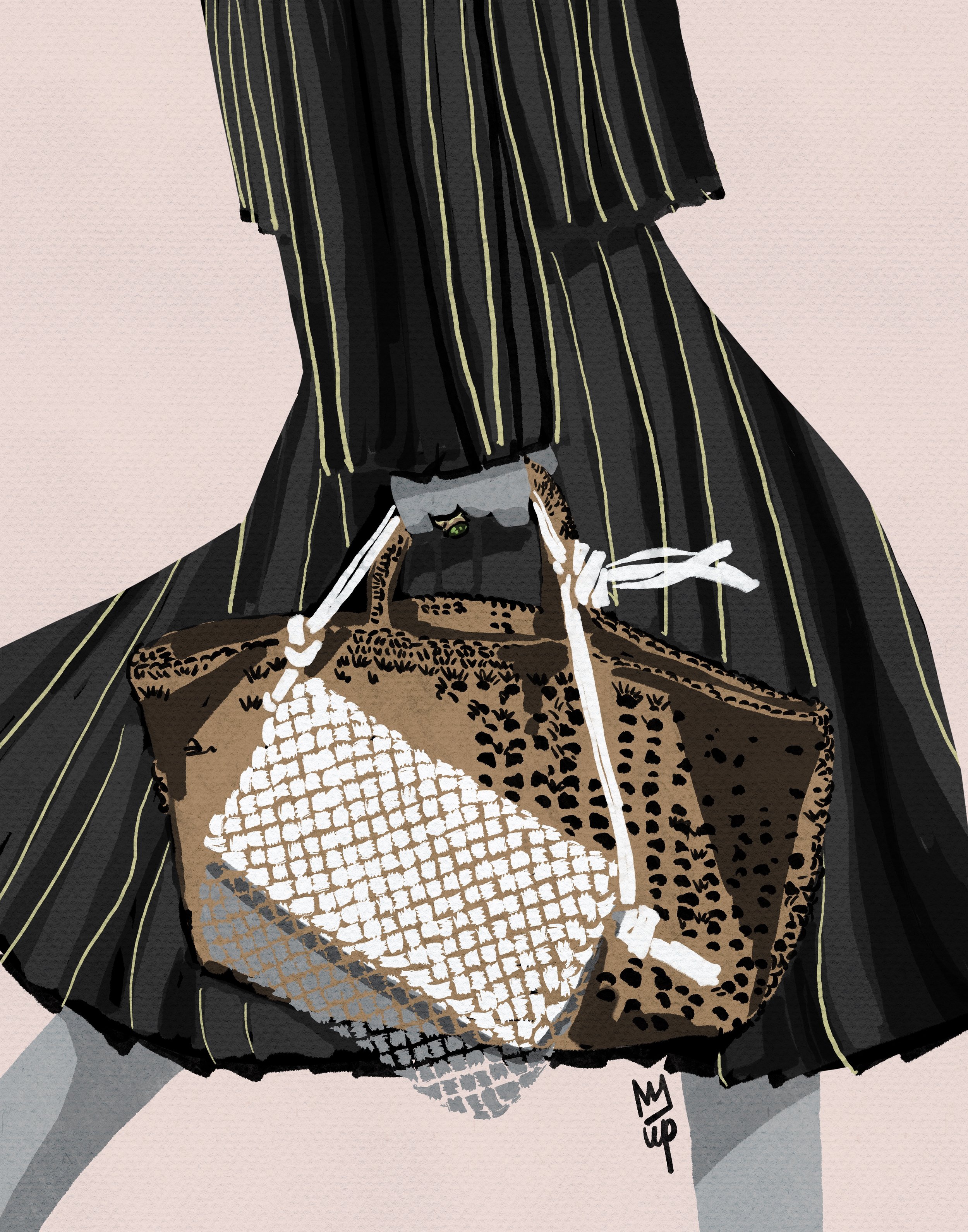 Commissioned fashion illustration of a person in a striped outfit holding two textured bags with a beige background.