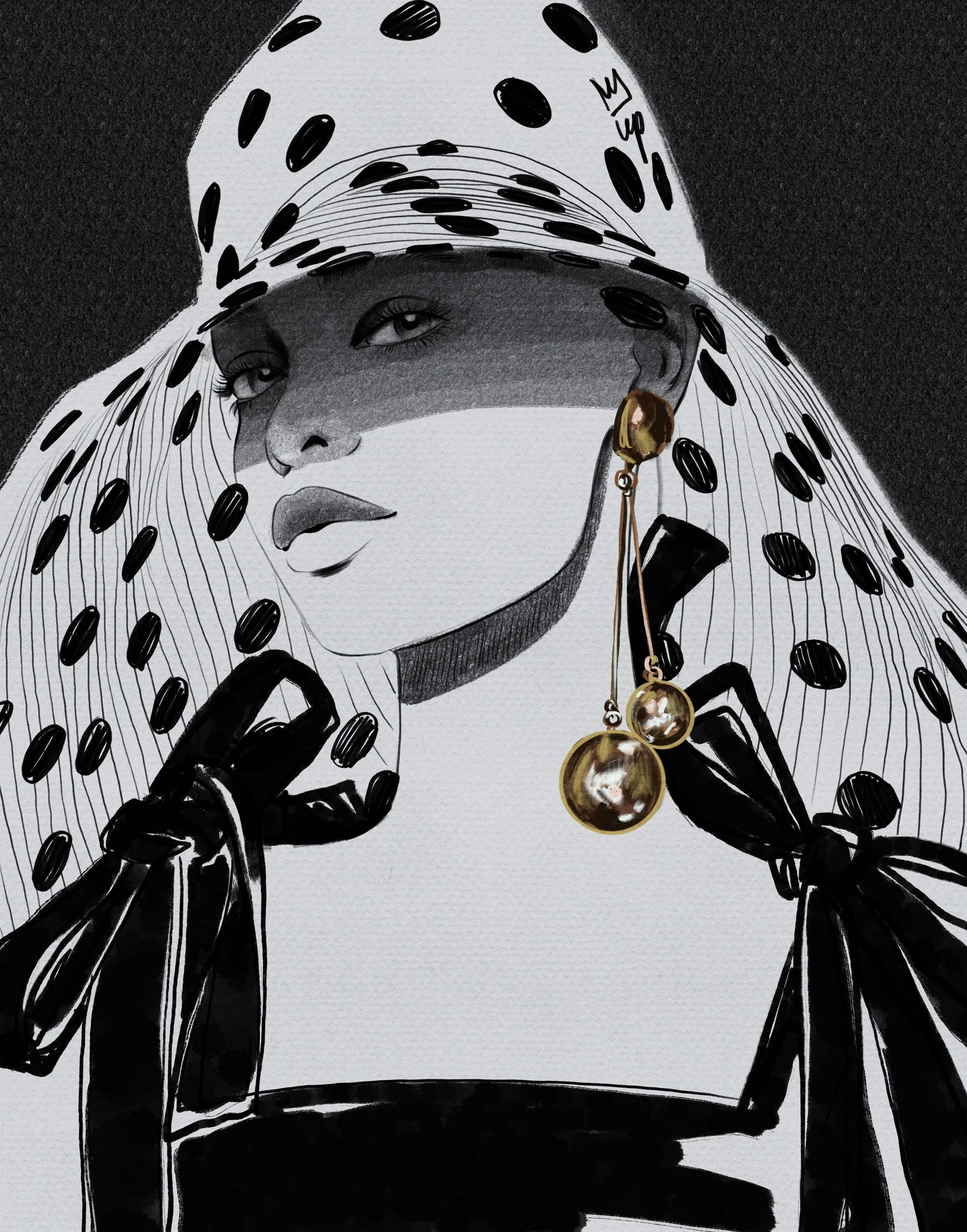 Illustration of a stylish woman wearing a polka dot hat and veil, with gold earrings and a black outfit.