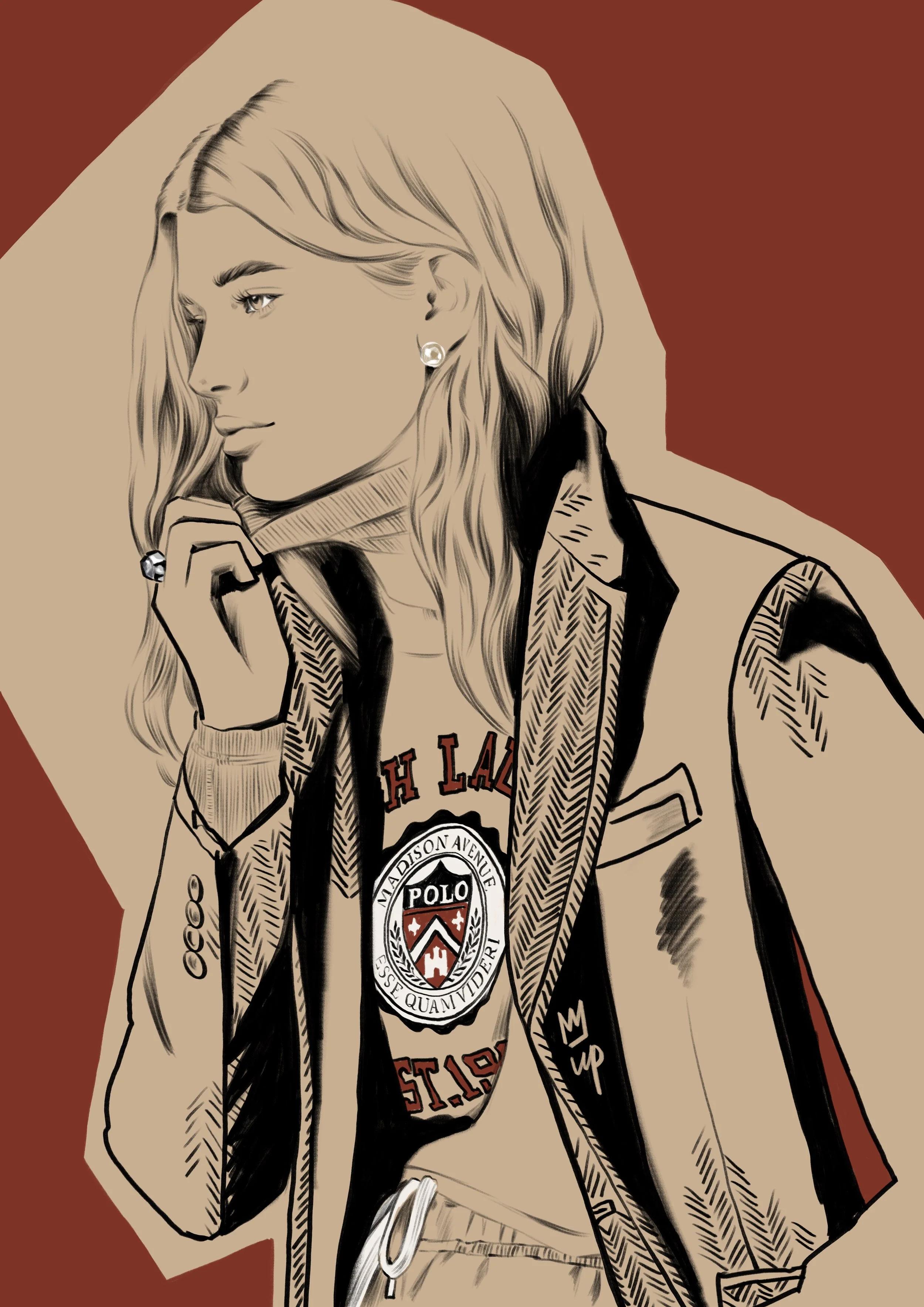 Illustration of a person with long hair wearing a jacket and a t-shirt with Polo logo. Illustrative campaign artwork by London-based fashion illustrator.