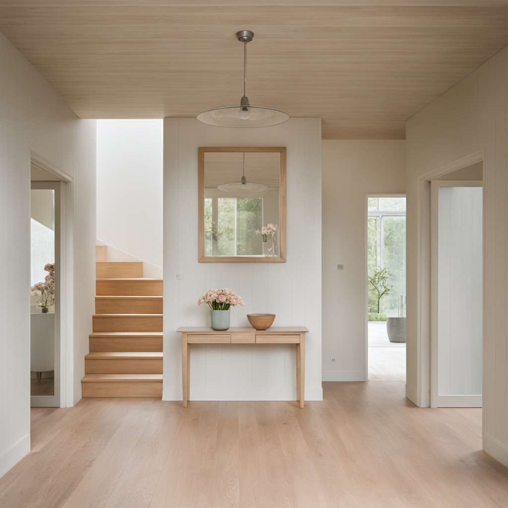 AI generated photographic visualisation by Preview Studio of an entrance hallway, with rustic inspired styling, pale grey painted shiplap panelling, and timber floors