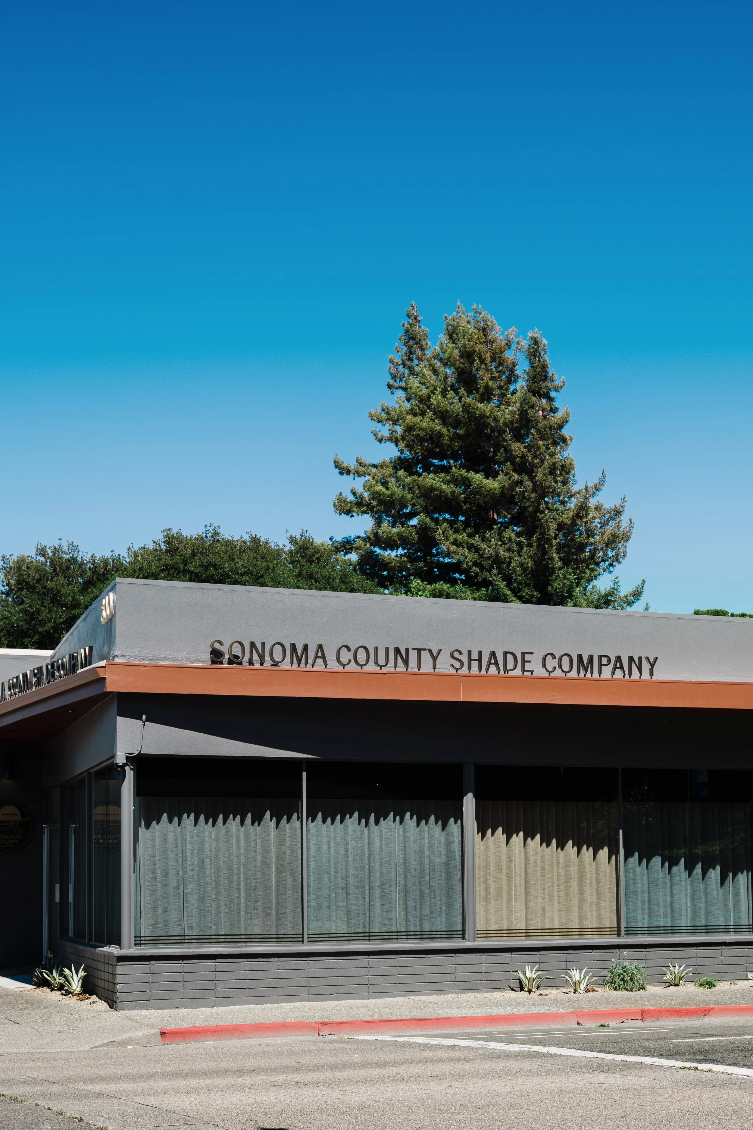 Sonoma County Shade Co. showroom exterior in downtown Santa Rosa, with layered shades displayed in the storefront windows, designed by AVCO Design