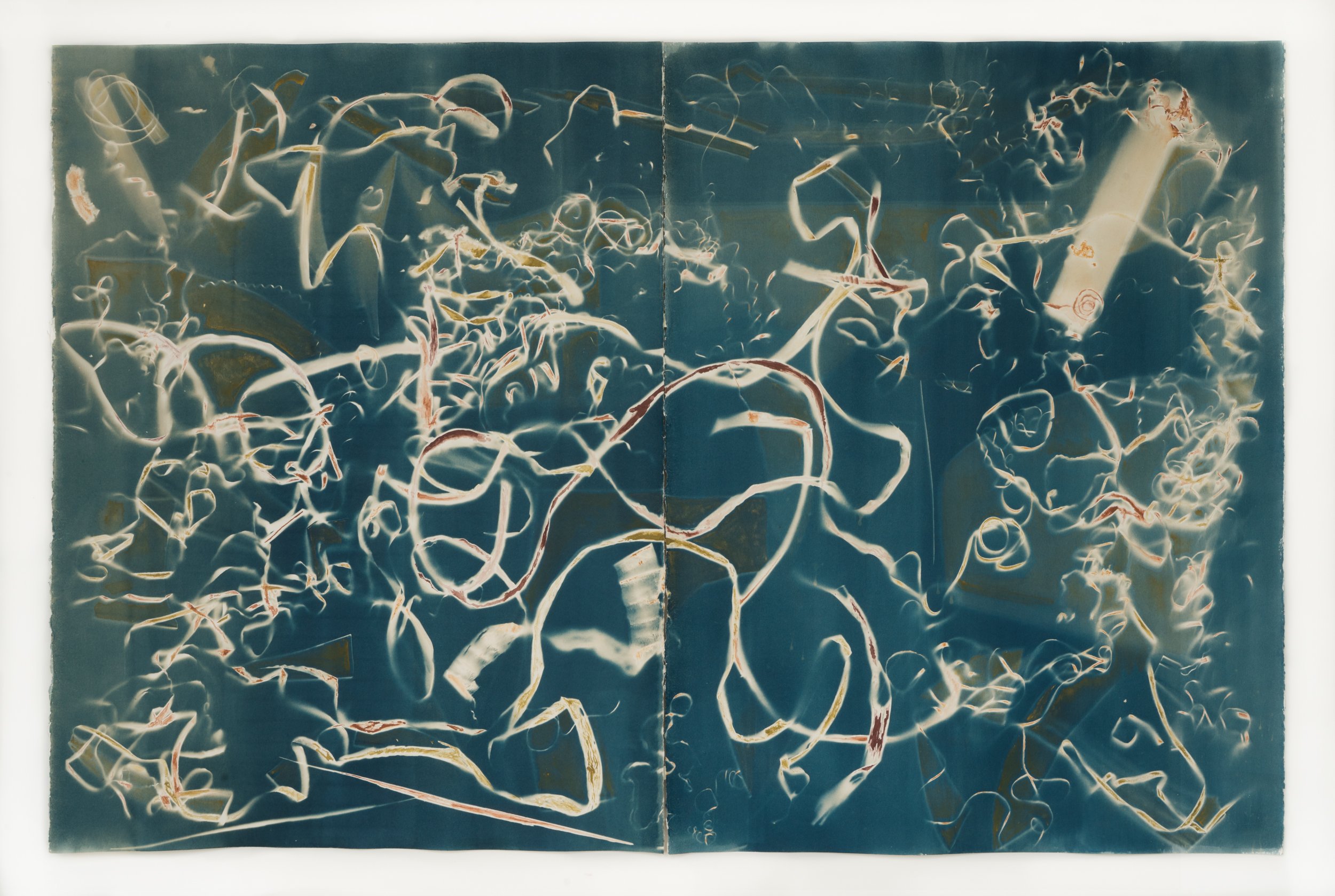   spotting  (exposed 8.9.2023)  toned cyanotype and earth pigments on paper 29 5/8 x 40”  2023 