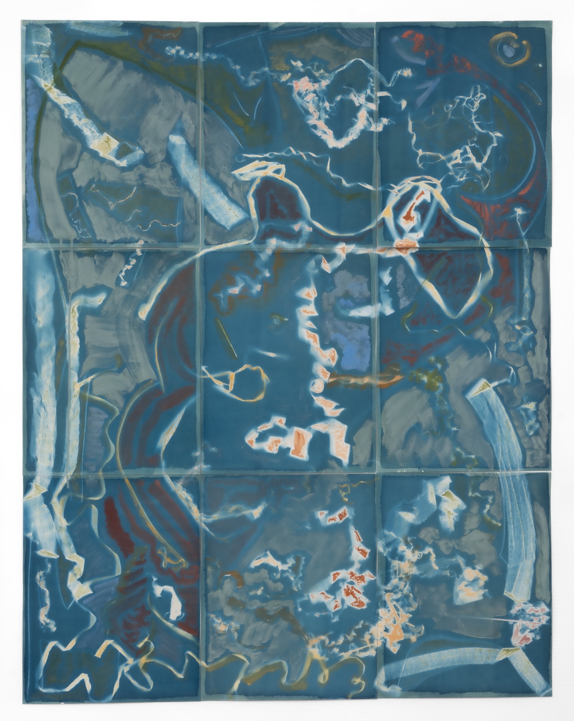   spotting  (exposed 8.26.2023)  cyanotype and earth pigments on paper 42 x 32 3/4”  2023  