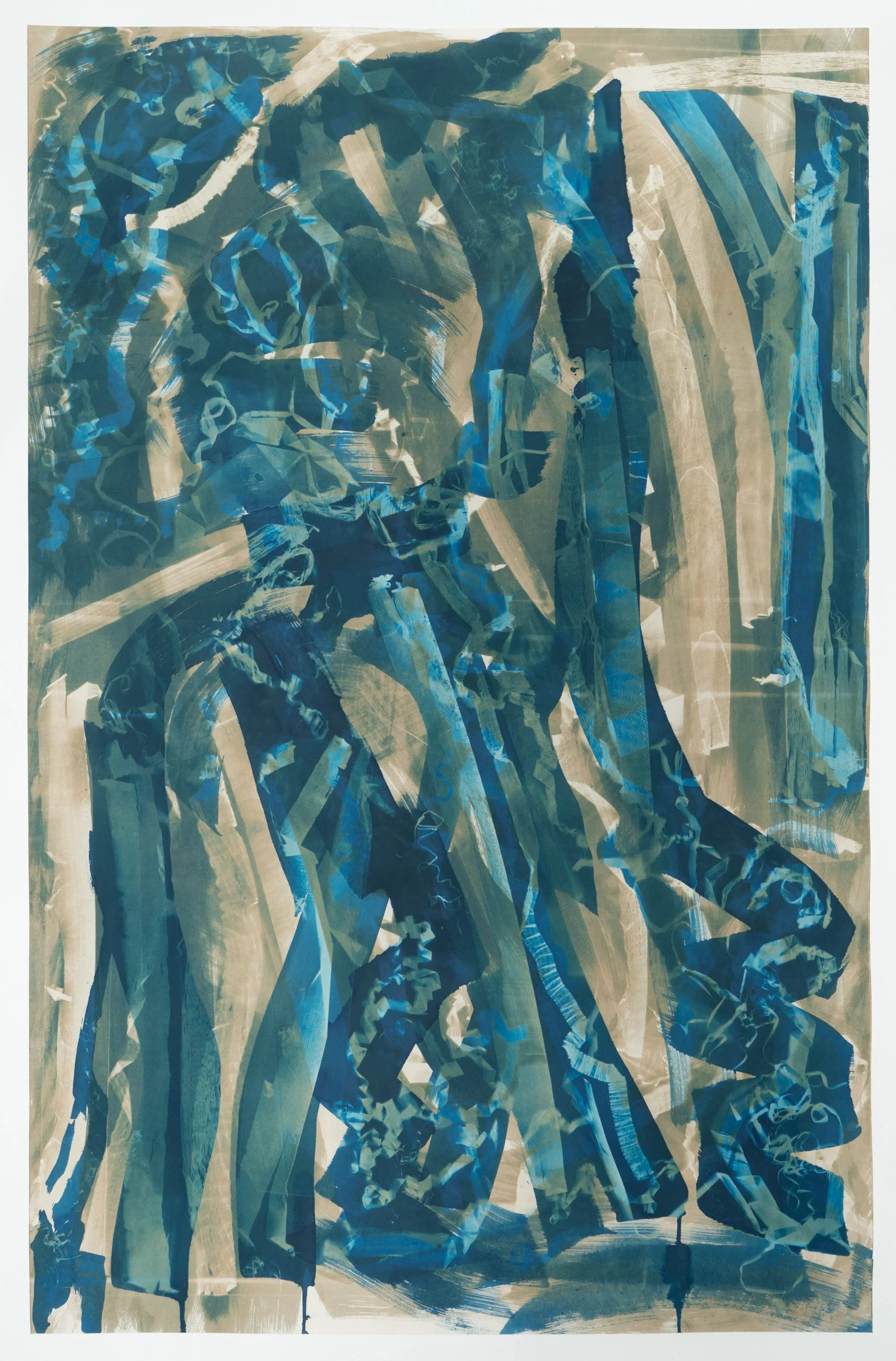 Doubled Grain (exposed 2.22 & 6.13.2025) cyanotype on paper 48 3/4 x 31 1/2"