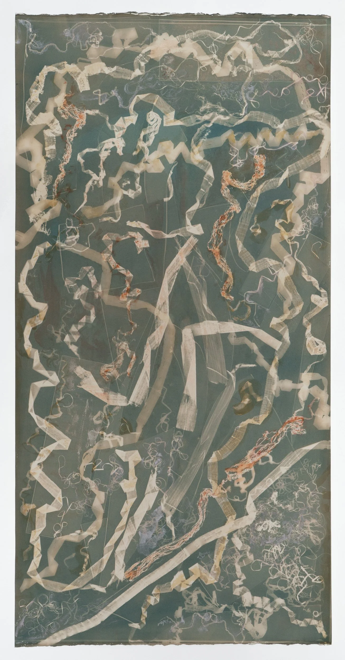 Spotting (exposed 6.20.25) toned gelatin cyanotype and earth pigments on paper 42 3/8 x 21 3/8"