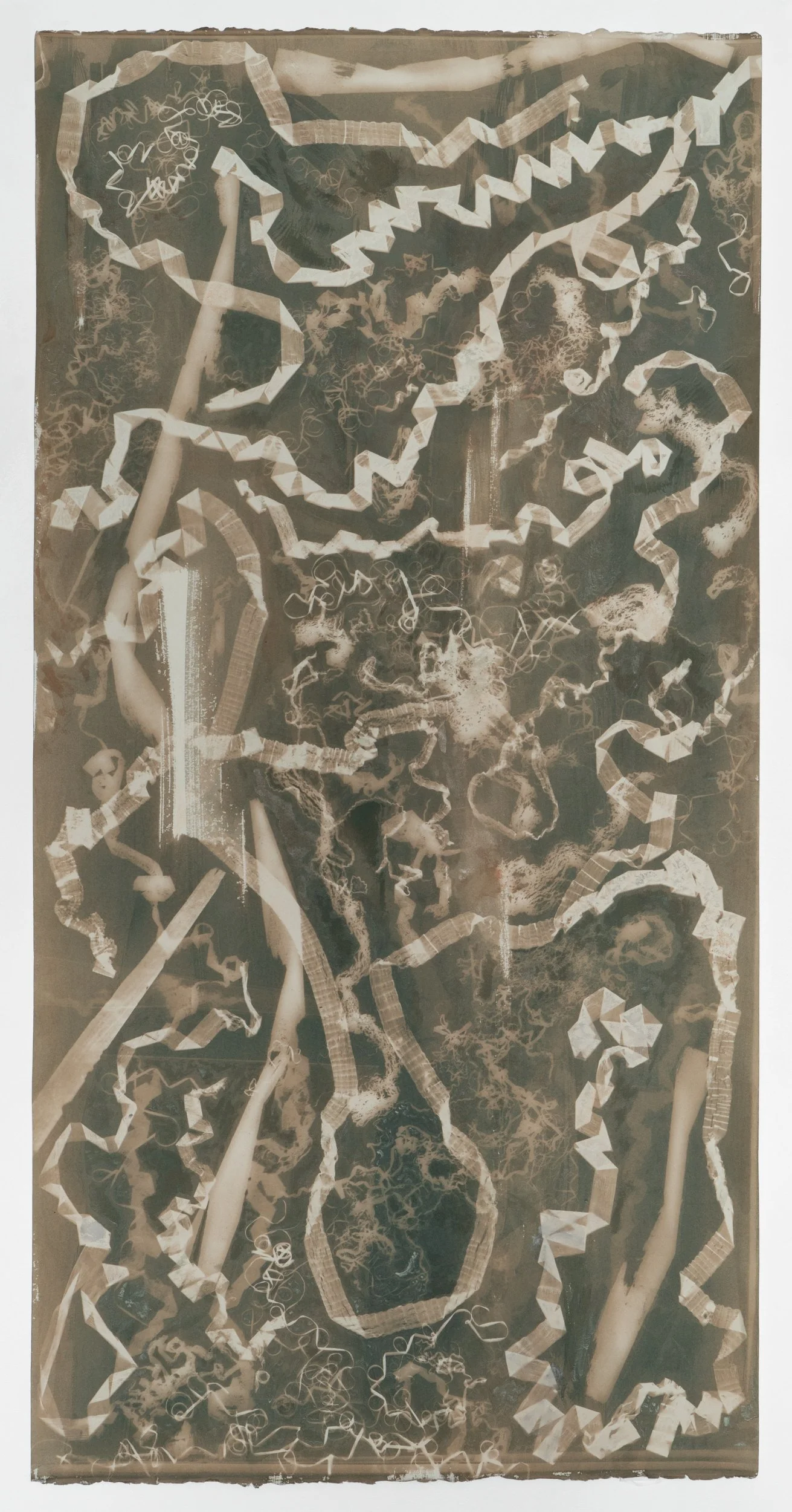 Spotting (exposed 6.2.25) toned gelatin cyanotype and earth pigments on paper 42 3/8 x 21 3/8"