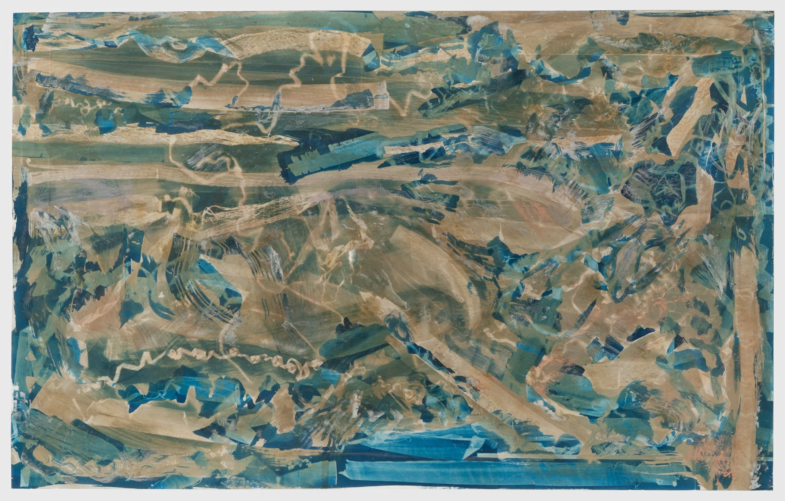 Spotting (exposed 2,6.25) cyanotype and earth pigments on paper 50 ×31 3/8” 2025