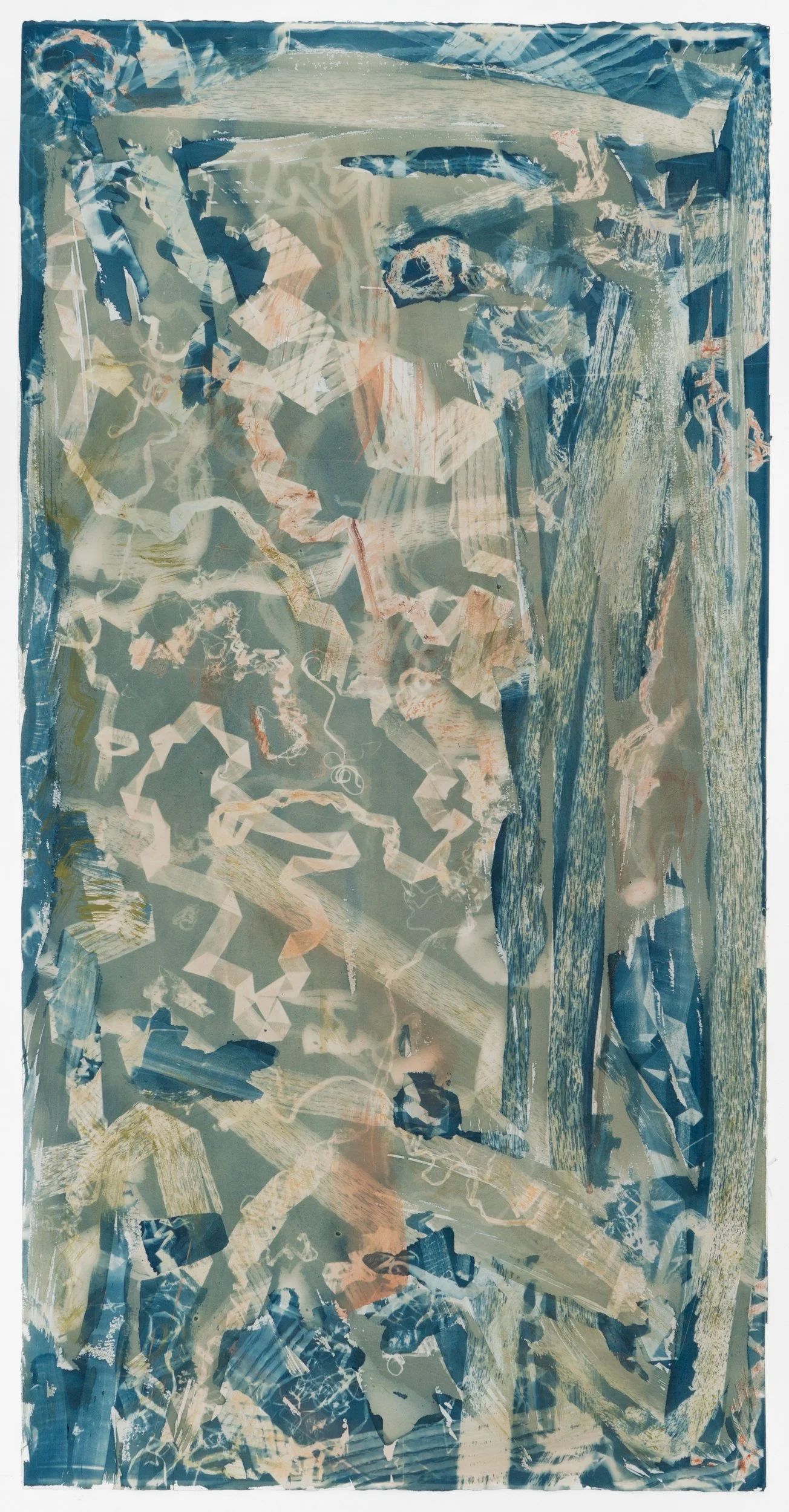 Spotting (exposed 8.25) cyanotype and earth pigments on paper 42 × 21 3/8” 2025