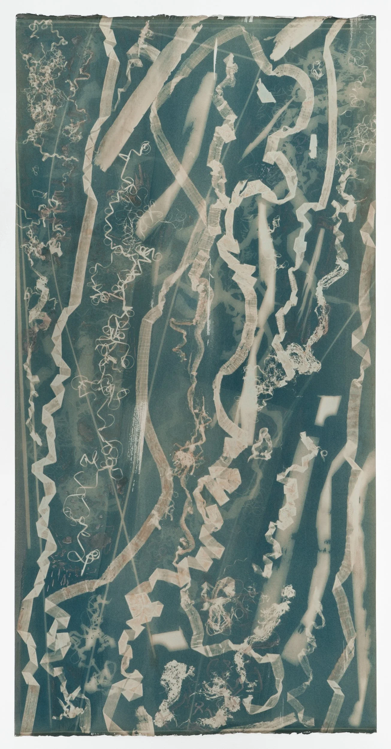 Spotting (exposed 6.2.25) toned gelatin cyanotype and earth pigments 42 3/8 x 21 3/8"