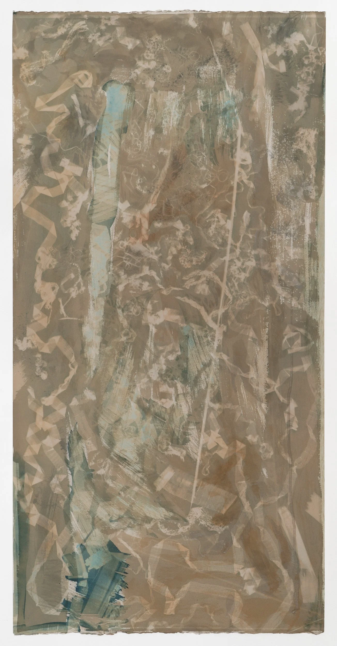 Spotting (twice exposed 6.25) cyanotype and earth pigments on paper 42 ¼ x 21 ¼” 2025