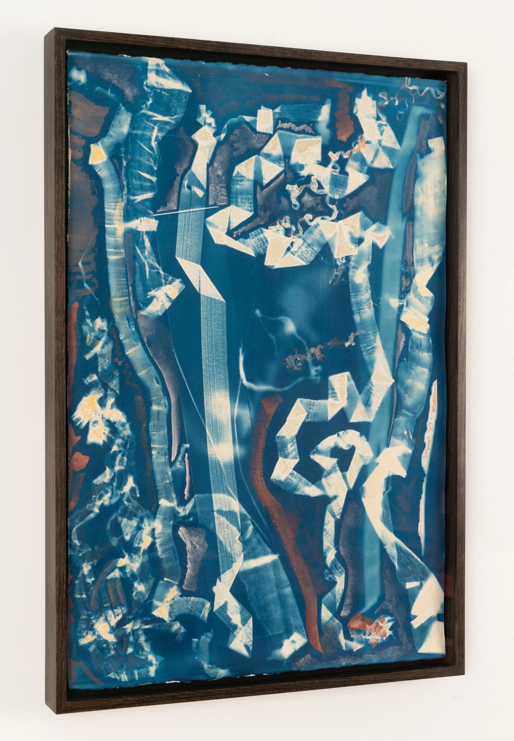 Spotting (exposed 6.1.24) cyanotype and earth pigments on paper 22 3/8 x 15" in artist’s frame of ebonized white oak 23 5/8 × 16 1/8 2024