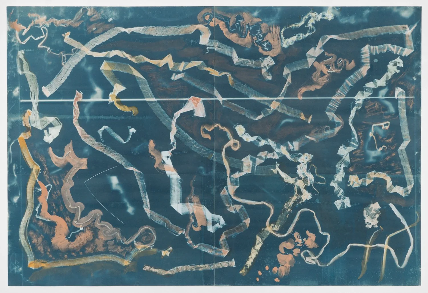   Spotting (exposed 7.2.24)   cyanotype and earth pigments on paper  29 3/4 x 44"  2024 